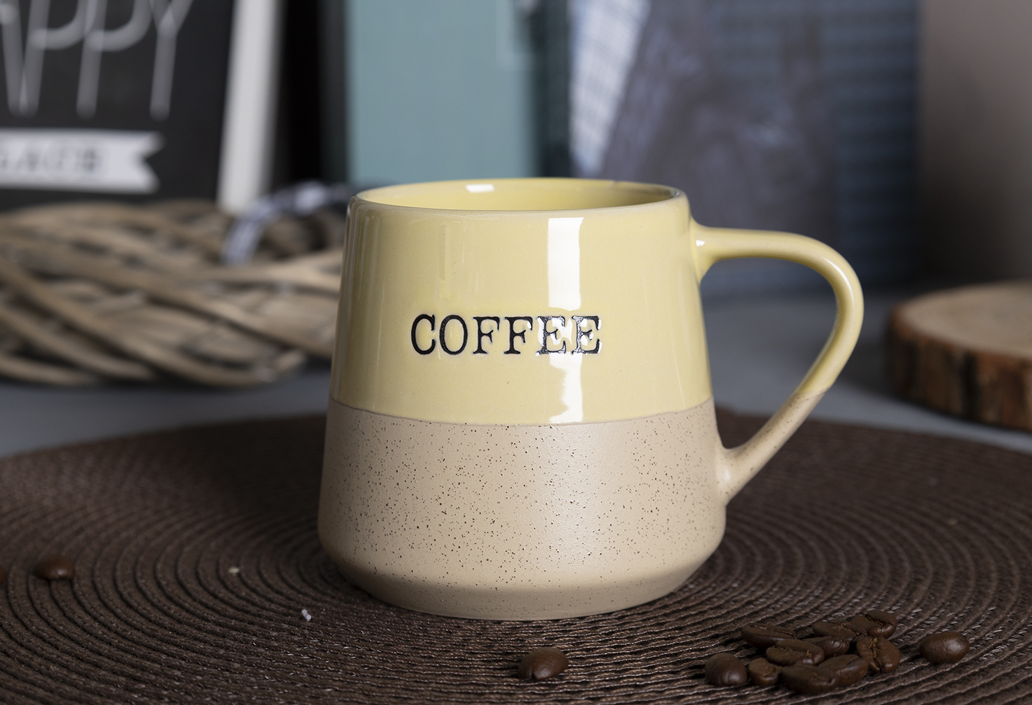 CHANGSHA HAPPY GO Two-Tone Stoneware Mug Set with Coffee Letter Print | Stackable Mugs with Metal Rack & Gift Box | Retro Style for Home & Café|happygodinnerware.com