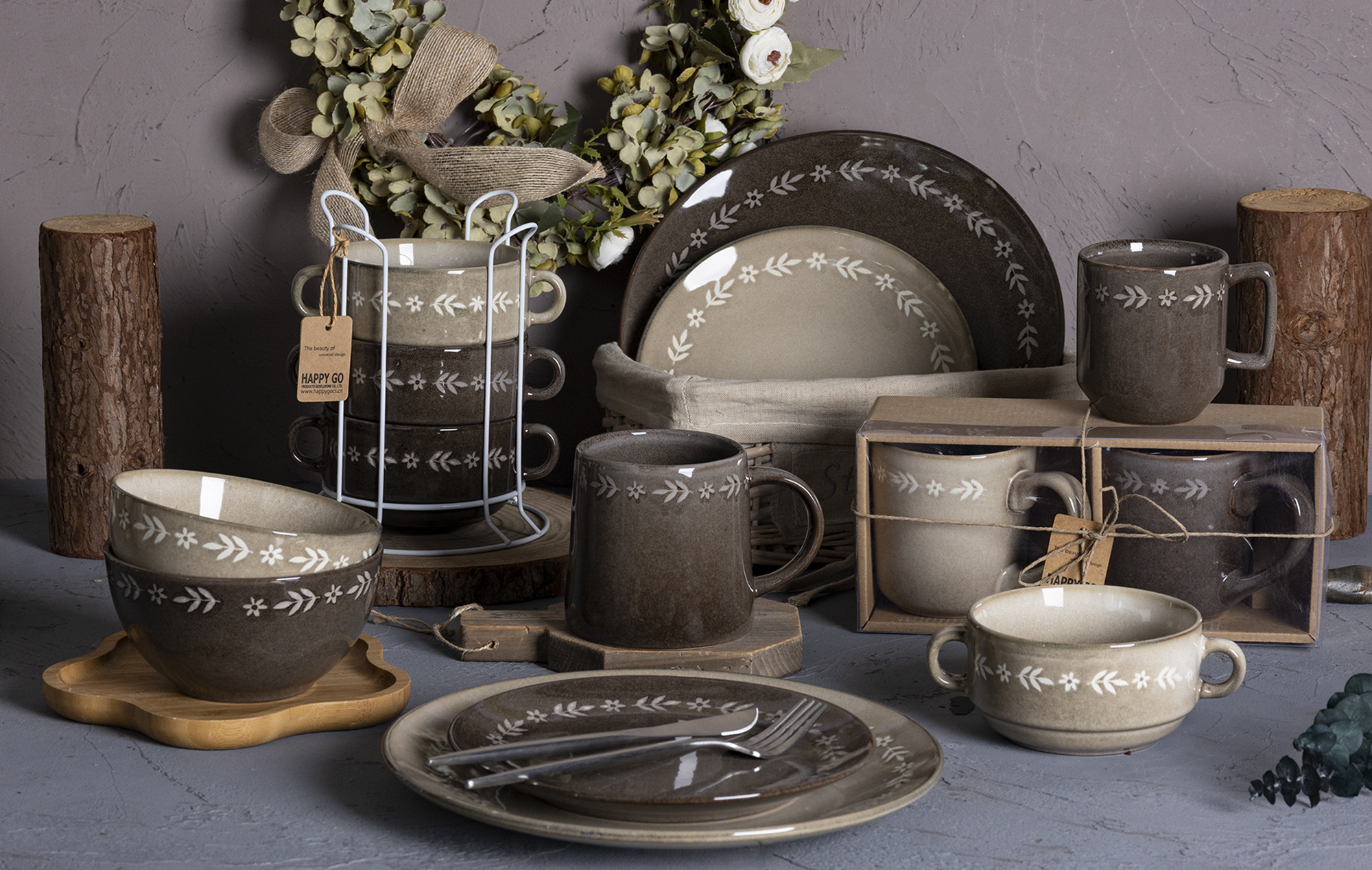 CHANGSHA HAPPY GO Vintage Floral Stoneware Dinnerware Set | Embossed Rustic Glaze Finish | Mugs, Bowls & Plates for Home & Gift Use|happygodinnerware.com