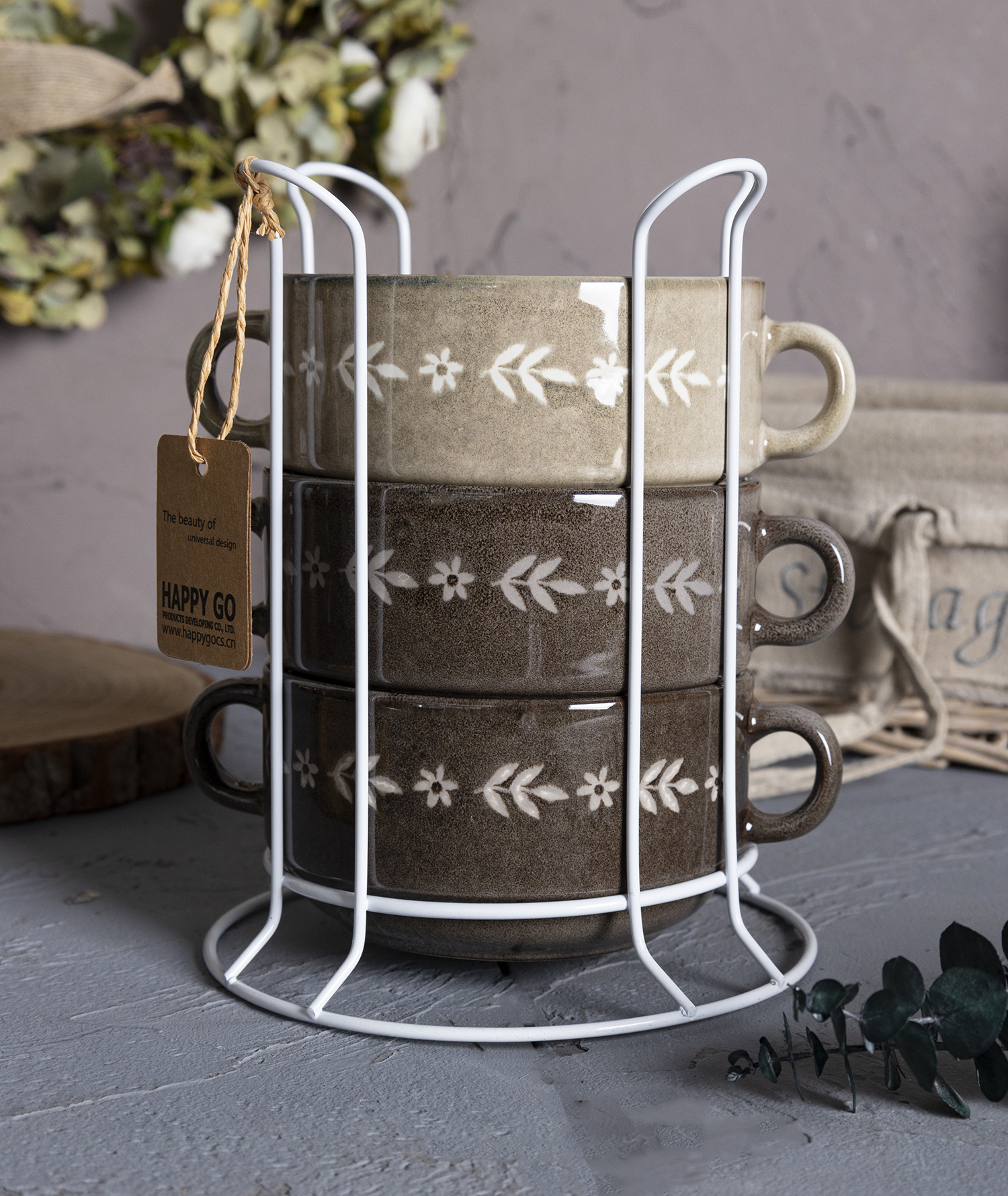 CHANGSHA HAPPY GO Vintage Floral Stoneware Dinnerware Set | Embossed Rustic Glaze Finish | Mugs, Bowls & Plates for Home & Gift Use|happygodinnerware.com