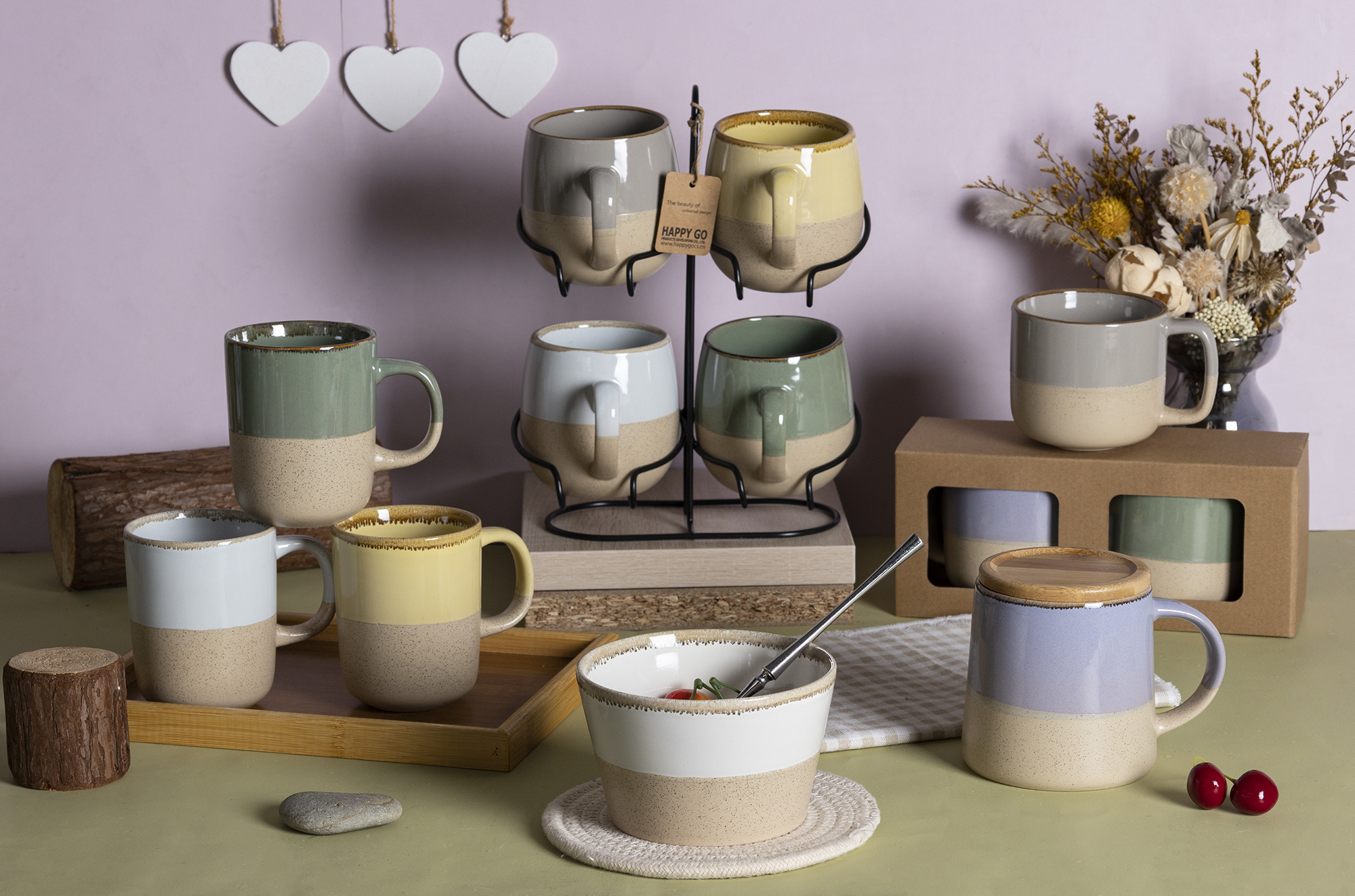 CHANGSHA HAPPY GO Macaron Color Stoneware Mug Set with Bamboo Lid & Metal Rack | Two-Tone Nordic Minimalist Cups | Sand-Glazed Finish for Home & Gift|happygodinnerware.com