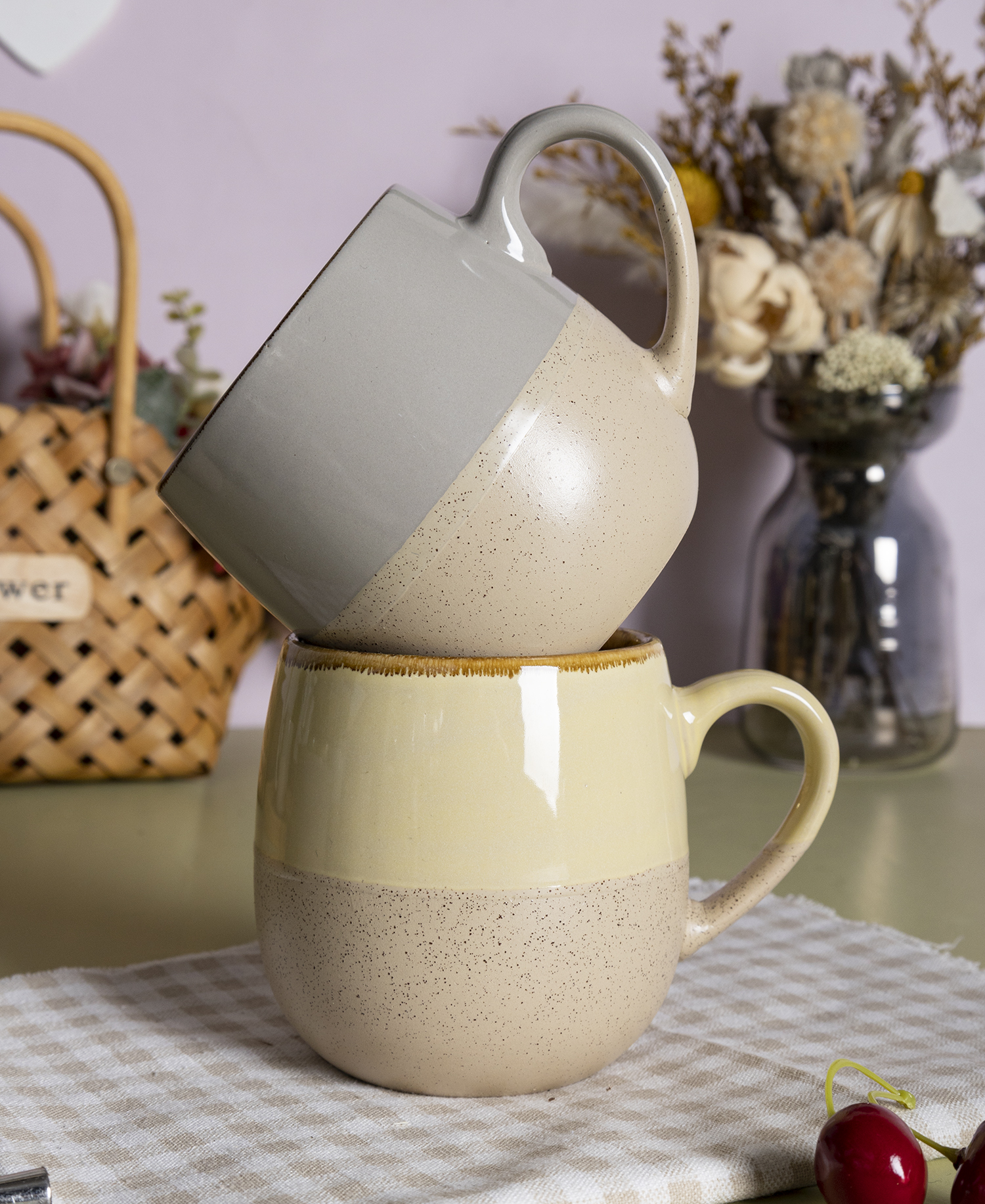 CHANGSHA HAPPY GO Macaron Color Stoneware Mug Set with Bamboo Lid & Metal Rack | Two-Tone Nordic Minimalist Cups | Sand-Glazed Finish for Home & Gift|happygodinnerware.com
