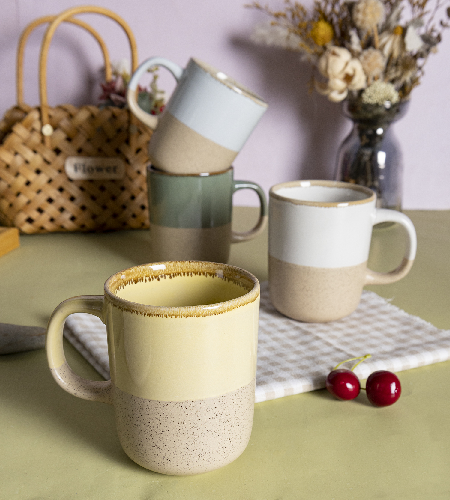 CHANGSHA HAPPY GO Macaron Color Stoneware Mug Set with Bamboo Lid & Metal Rack | Two-Tone Nordic Minimalist Cups | Sand-Glazed Finish for Home & Gift|happygodinnerware.com