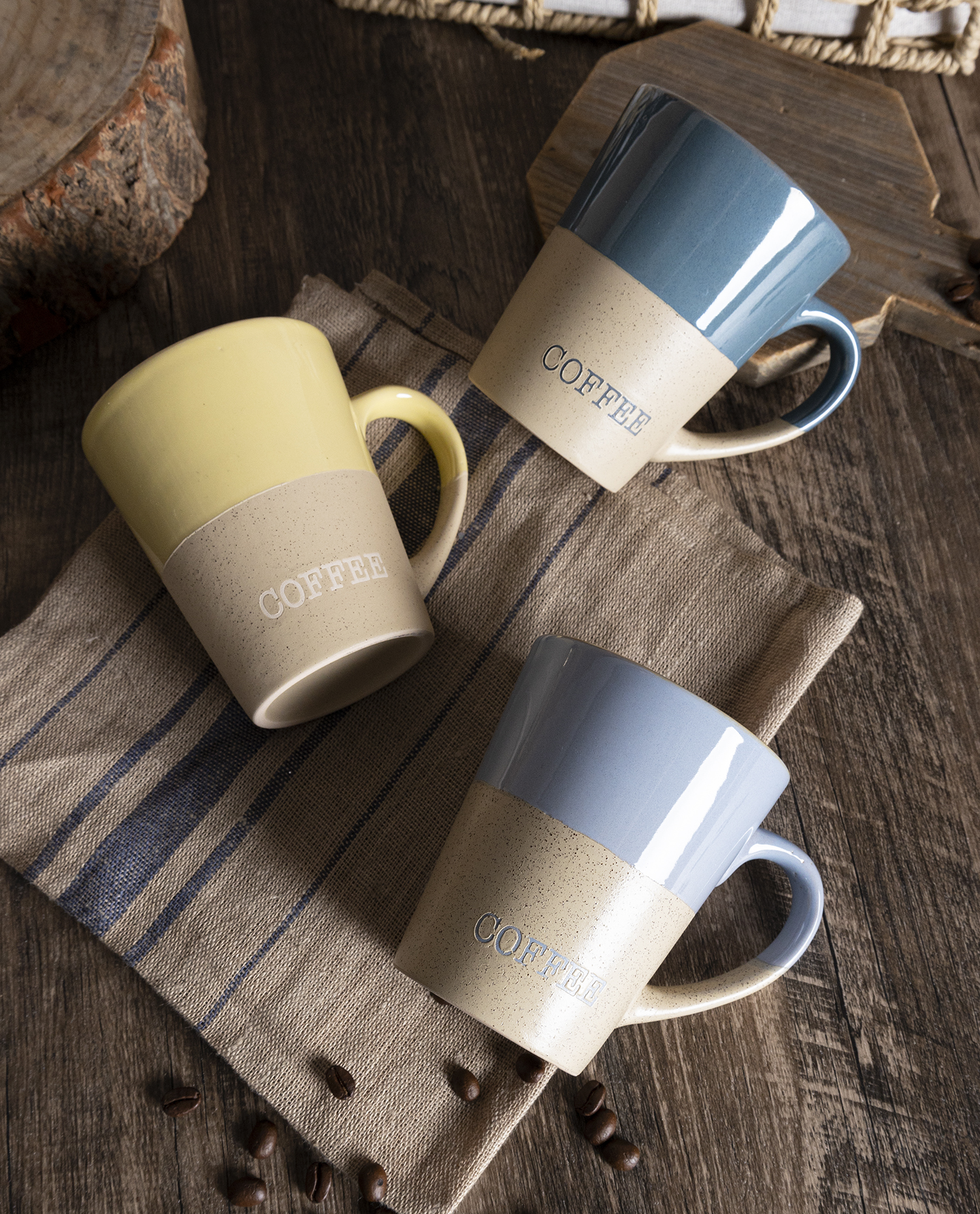CHANGSHA HAPPY GO Macaron Two-Tone Stoneware Mug Set with Embossed COFFEE Text | High-Temp Glazed Ceramic Cups for Home, Café & Gift Use|happygodinnerware.com