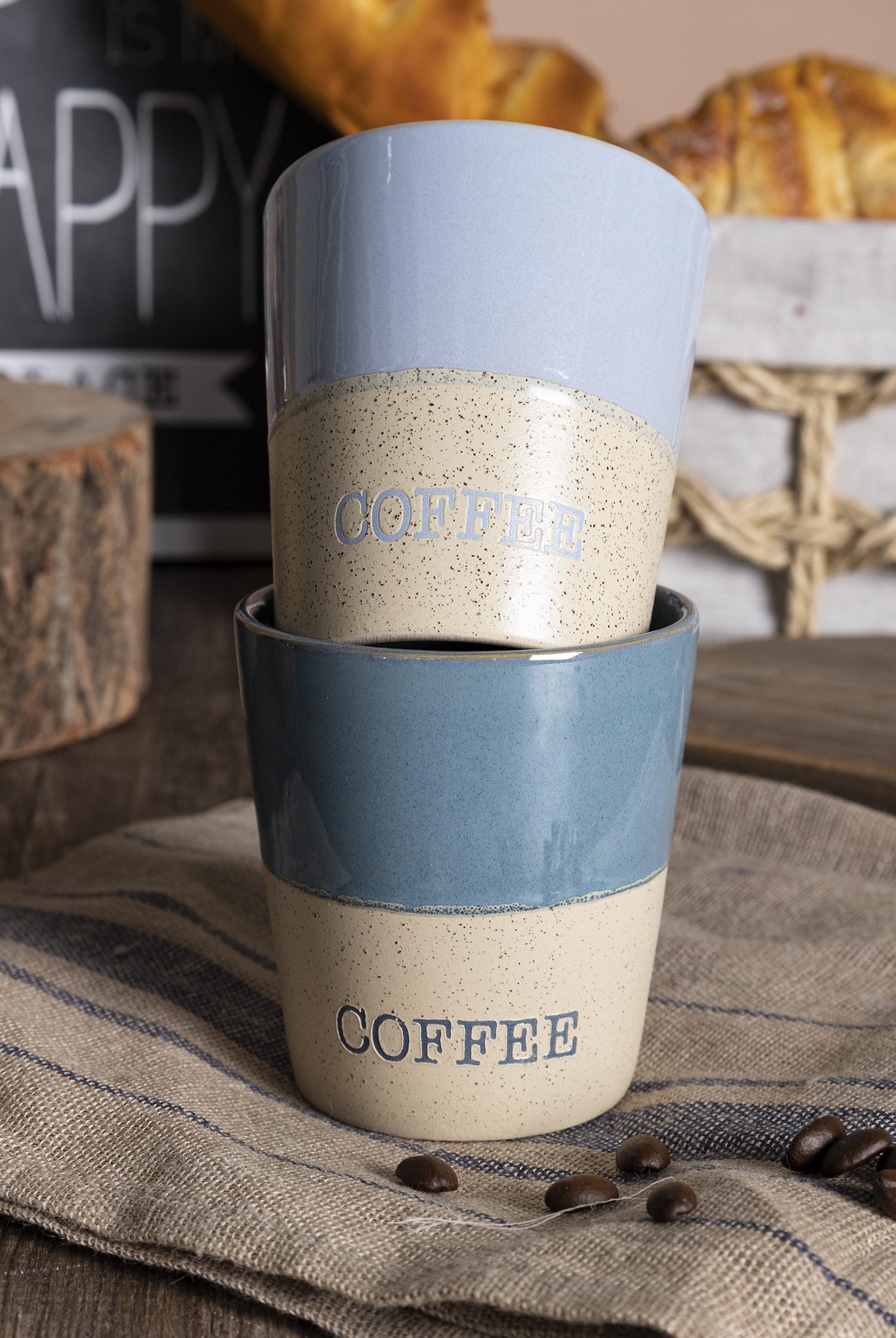 CHANGSHA HAPPY GO Macaron Two-Tone Stoneware Mug Set with Embossed COFFEE Text | High-Temp Glazed Ceramic Cups for Home, Café & Gift Use|happygodinnerware.com