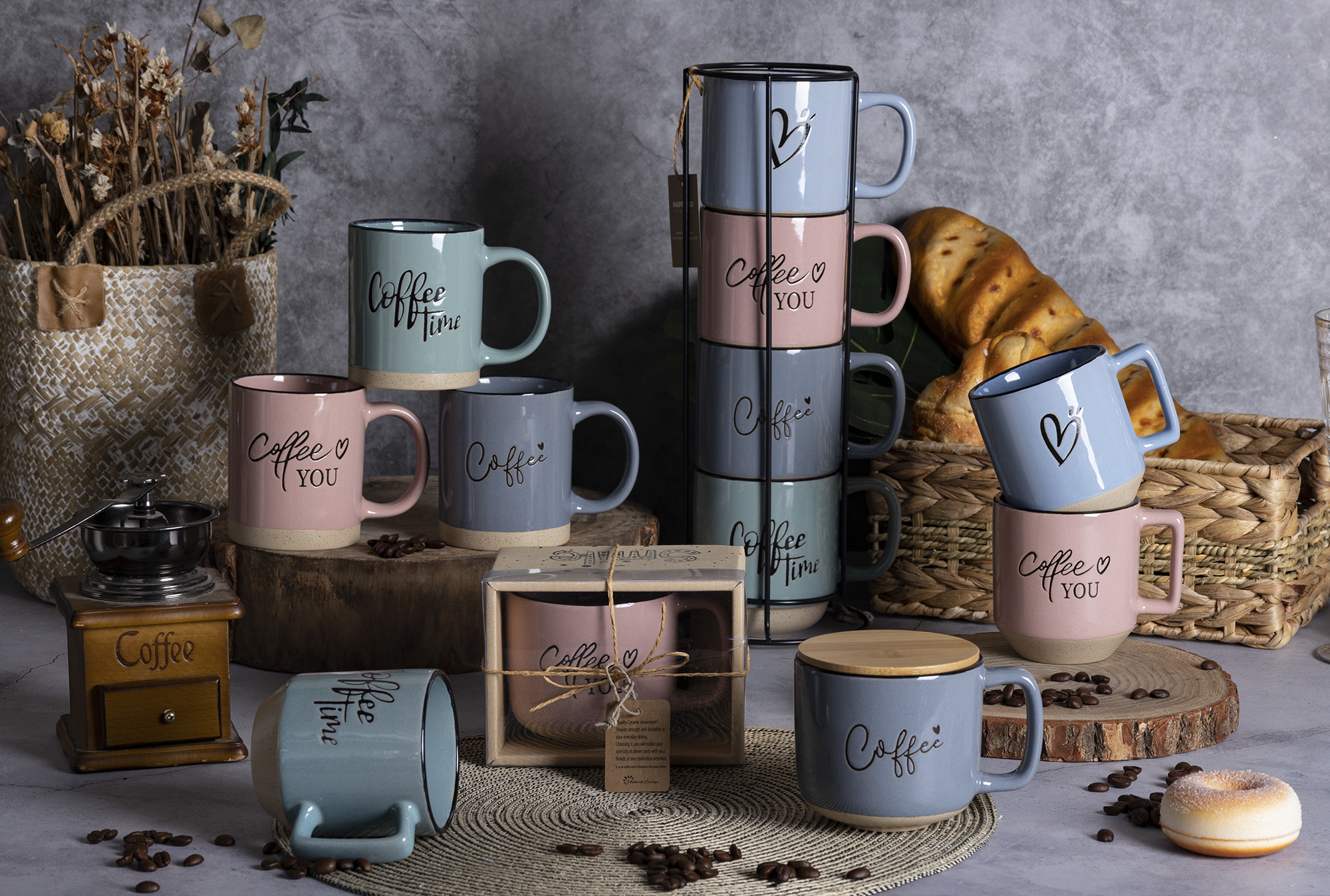 CHANGSHA HAPPY GO Printed Macaron Stoneware Mug Set with Metal Rack & Gift Box | Coffee Letter Design | Modern Ceramic Cups for Home, Café & Gift Use|happygodinnerware.com