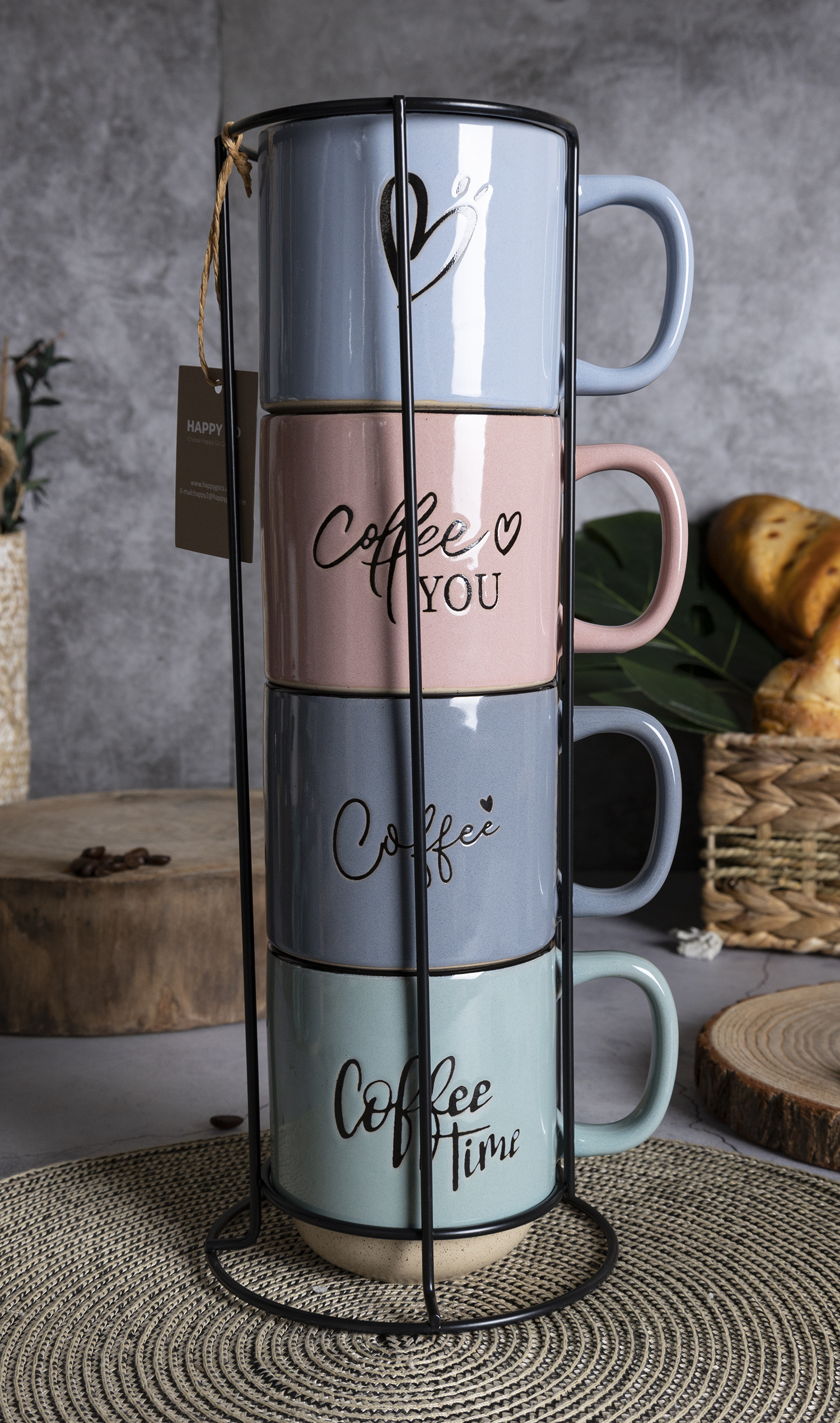 CHANGSHA HAPPY GO Printed Macaron Stoneware Mug Set with Metal Rack & Gift Box | Coffee Letter Design | Modern Ceramic Cups for Home, Café & Gift Use|happygodinnerware.com