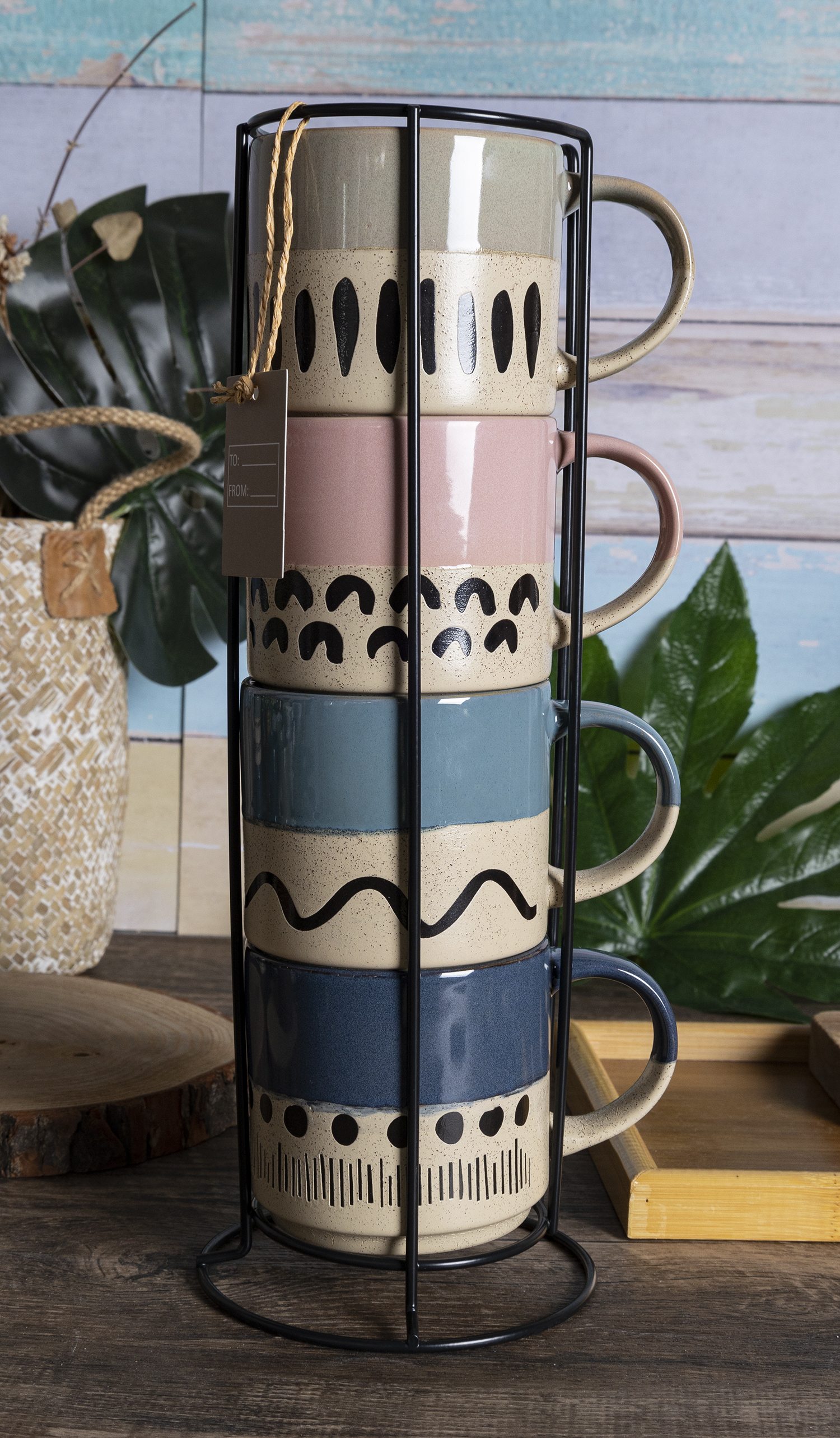 CHANGSHA HAPPY GO Boho Hand-Painted Stoneware Mug Set with Rack & Gift Box | Rustic Sand Glaze Finish | Geometric Pattern Coffee Mugs for Home & Café Use|happygodinnerware.com