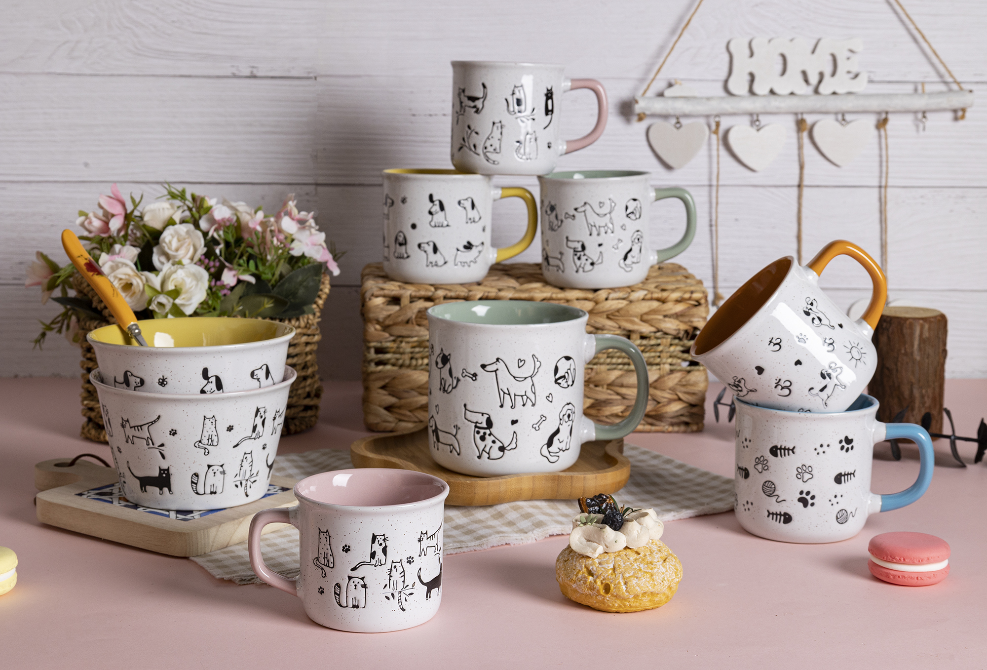 CHANGSHA HAPPY GO Cartoon Animal Stoneware Mug & Bowl Set | Hand-Drawn Pet Cat Dog Design | Cute Ceramic Tableware for Home, Kids & Gift|happygodinnerware.com