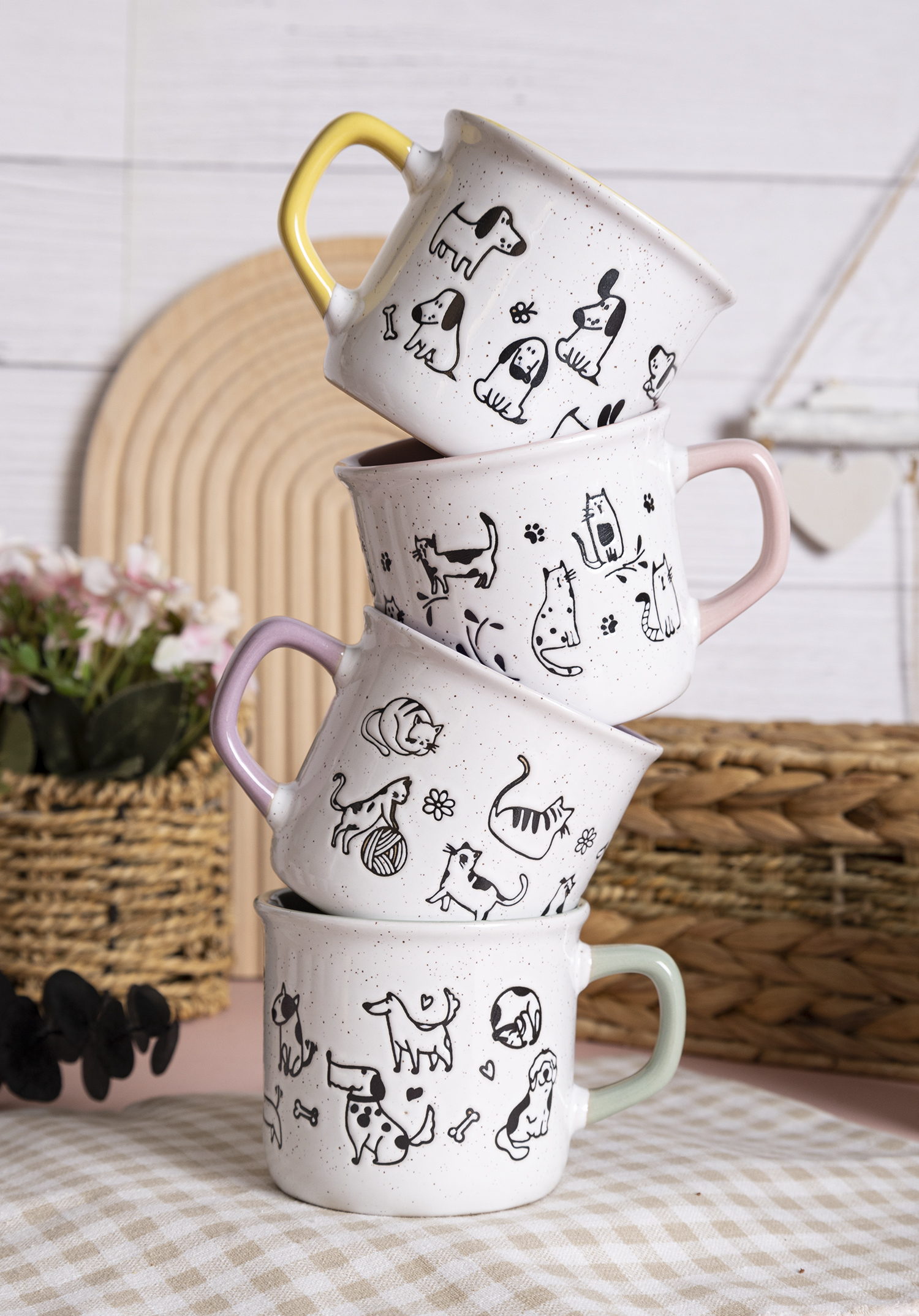 CHANGSHA HAPPY GO Cartoon Animal Stoneware Mug & Bowl Set | Hand-Drawn Pet Cat Dog Design | Cute Ceramic Tableware for Home, Kids & Gift|happygodinnerware.com