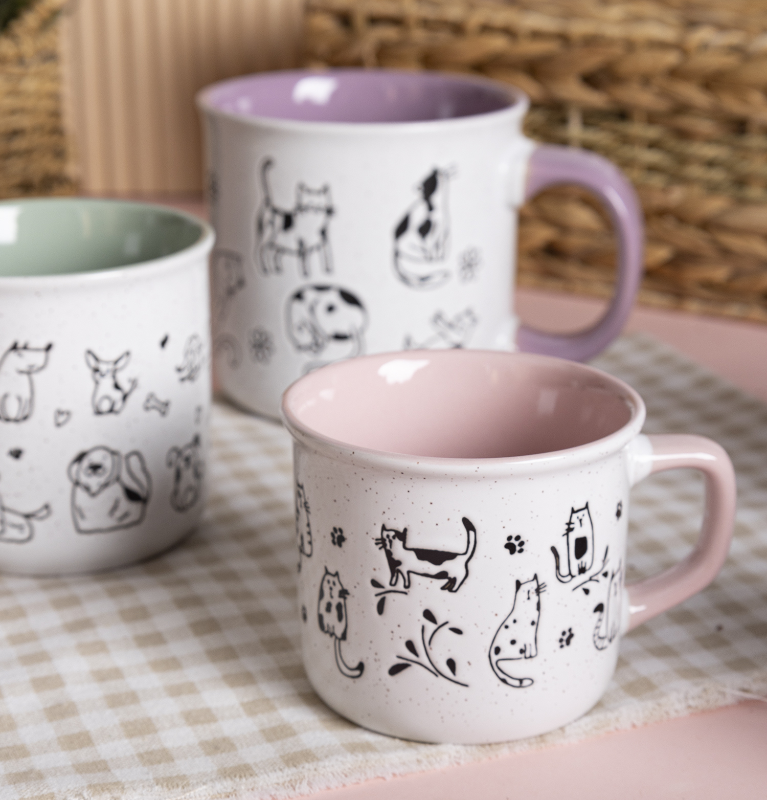 CHANGSHA HAPPY GO Cartoon Animal Stoneware Mug & Bowl Set | Hand-Drawn Pet Cat Dog Design | Cute Ceramic Tableware for Home, Kids & Gift|happygodinnerware.com