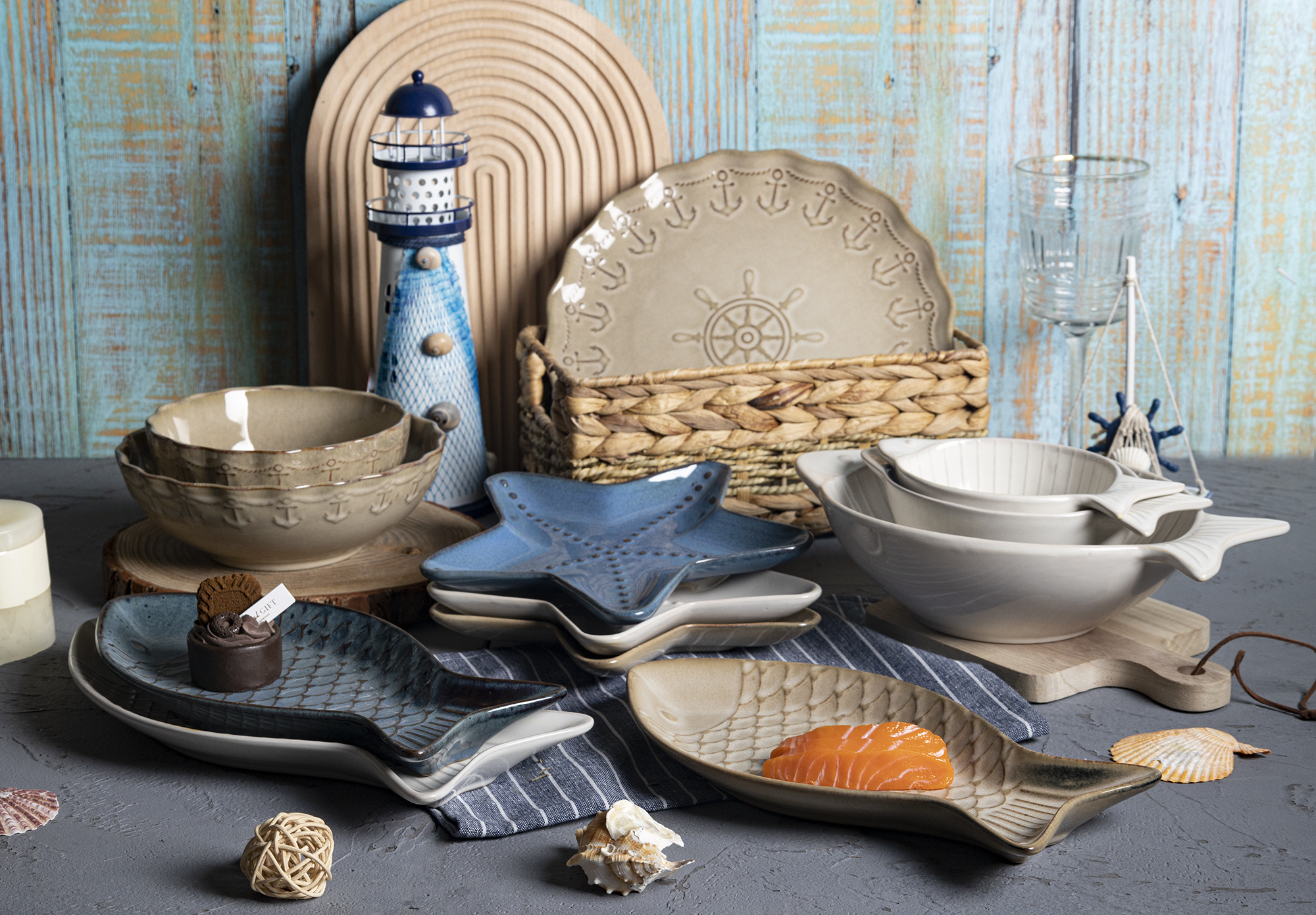 CHANGSHA HAPPY GO Ocean-Themed Stoneware Tableware Set | Fish Plates, Star Dishes & Nautical Relief Bowls | Rustic Coastal Glazed Dinnerware for Beach House & Restaurant|happygodinnerware.com