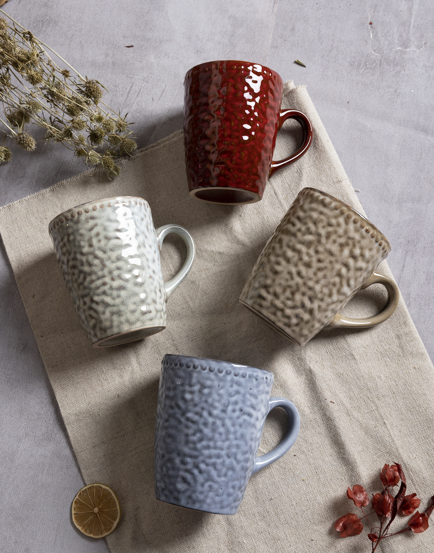 CHANGSHA HAPPY GO Multi-Colored Hammered Texture Stoneware Dinnerware Set | Reactive Glaze Rustic Finish | Plates, Bowls & Mugs for Home & Café Use|happygodinnerware.com