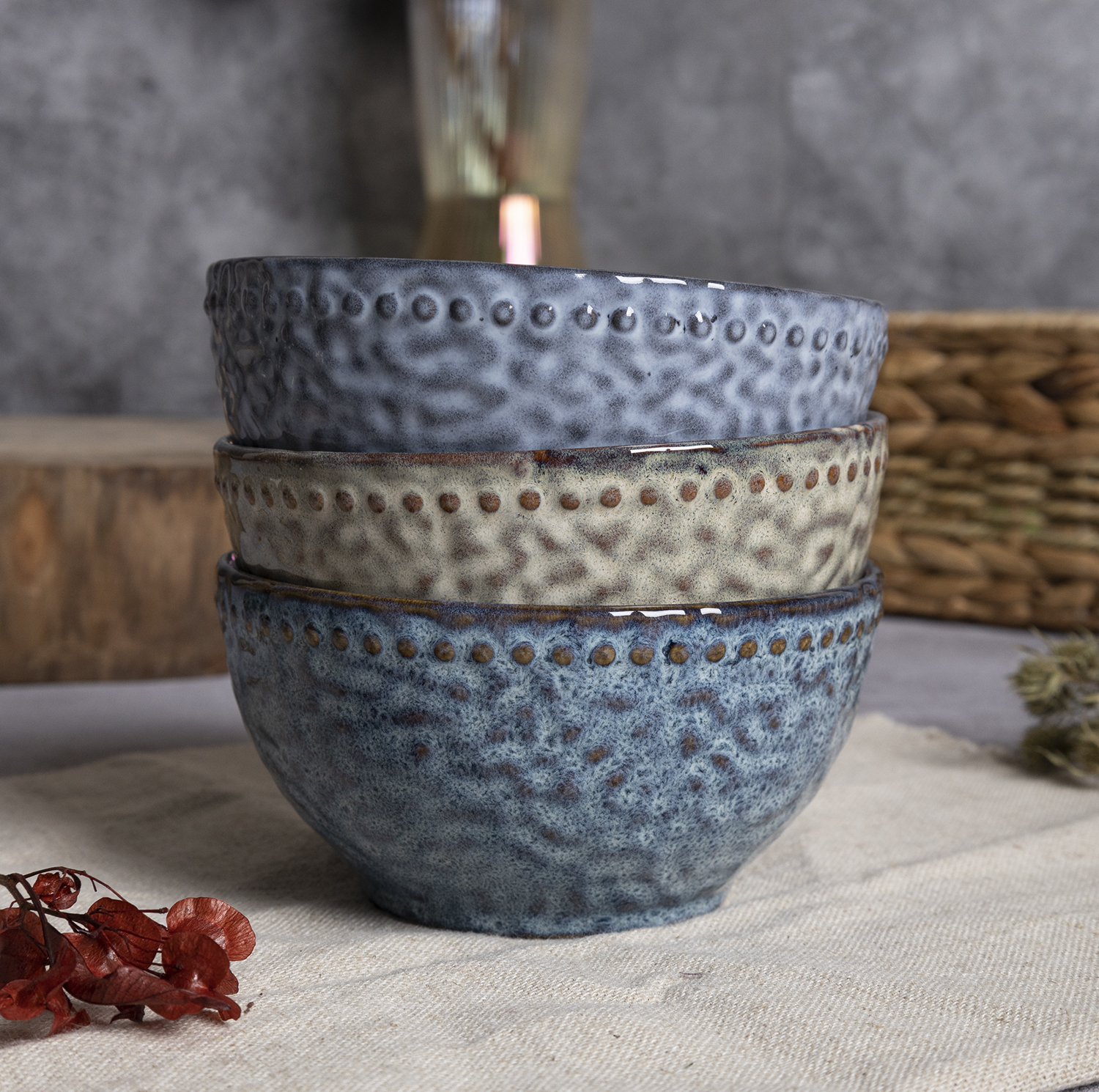 CHANGSHA HAPPY GO Multi-Colored Hammered Texture Stoneware Dinnerware Set | Reactive Glaze Rustic Finish | Plates, Bowls & Mugs for Home & Café Use|happygodinnerware.com