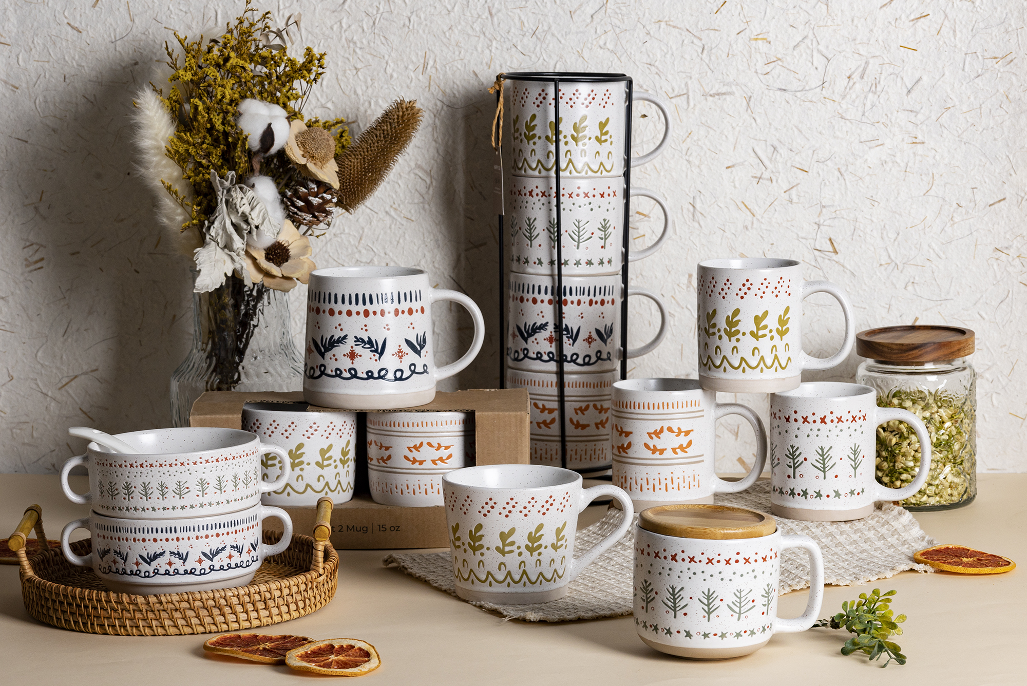 CHANGSHA HAPPY GO Nordic Hand-Painted Stoneware Mug Set with Plant Motifs | 15oz Large Ceramic Cups with Rack & Gift Box | Boho Folk Style for Holiday & Everyday Use|happygodinnerware.com