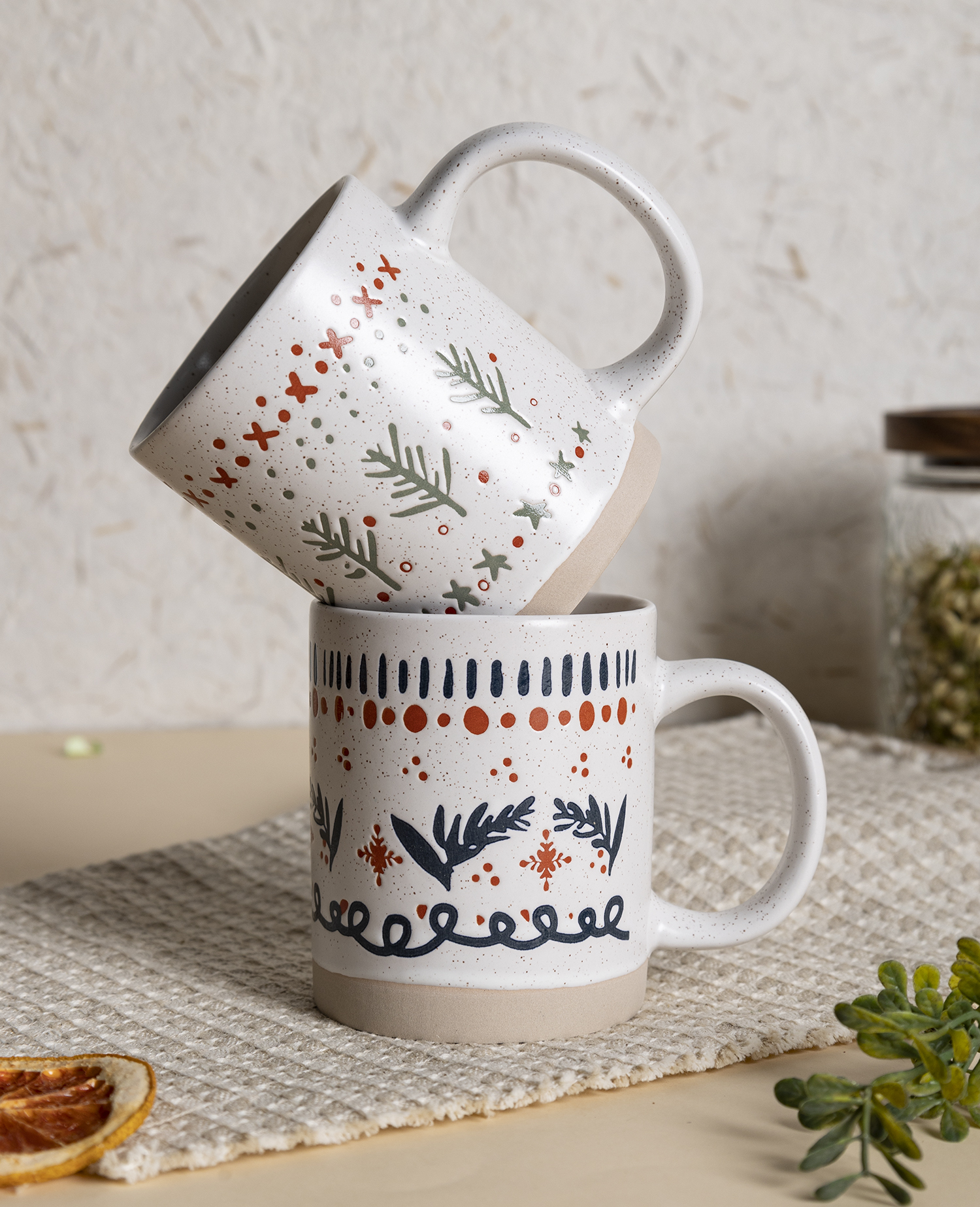 CHANGSHA HAPPY GO Nordic Hand-Painted Stoneware Mug Set with Plant Motifs | 15oz Large Ceramic Cups with Rack & Gift Box | Boho Folk Style for Holiday & Everyday Use|happygodinnerware.com