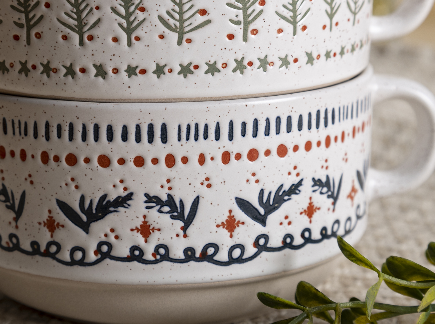 CHANGSHA HAPPY GO Nordic Hand-Painted Stoneware Mug Set with Plant Motifs | 15oz Large Ceramic Cups with Rack & Gift Box | Boho Folk Style for Holiday & Everyday Use|happygodinnerware.com