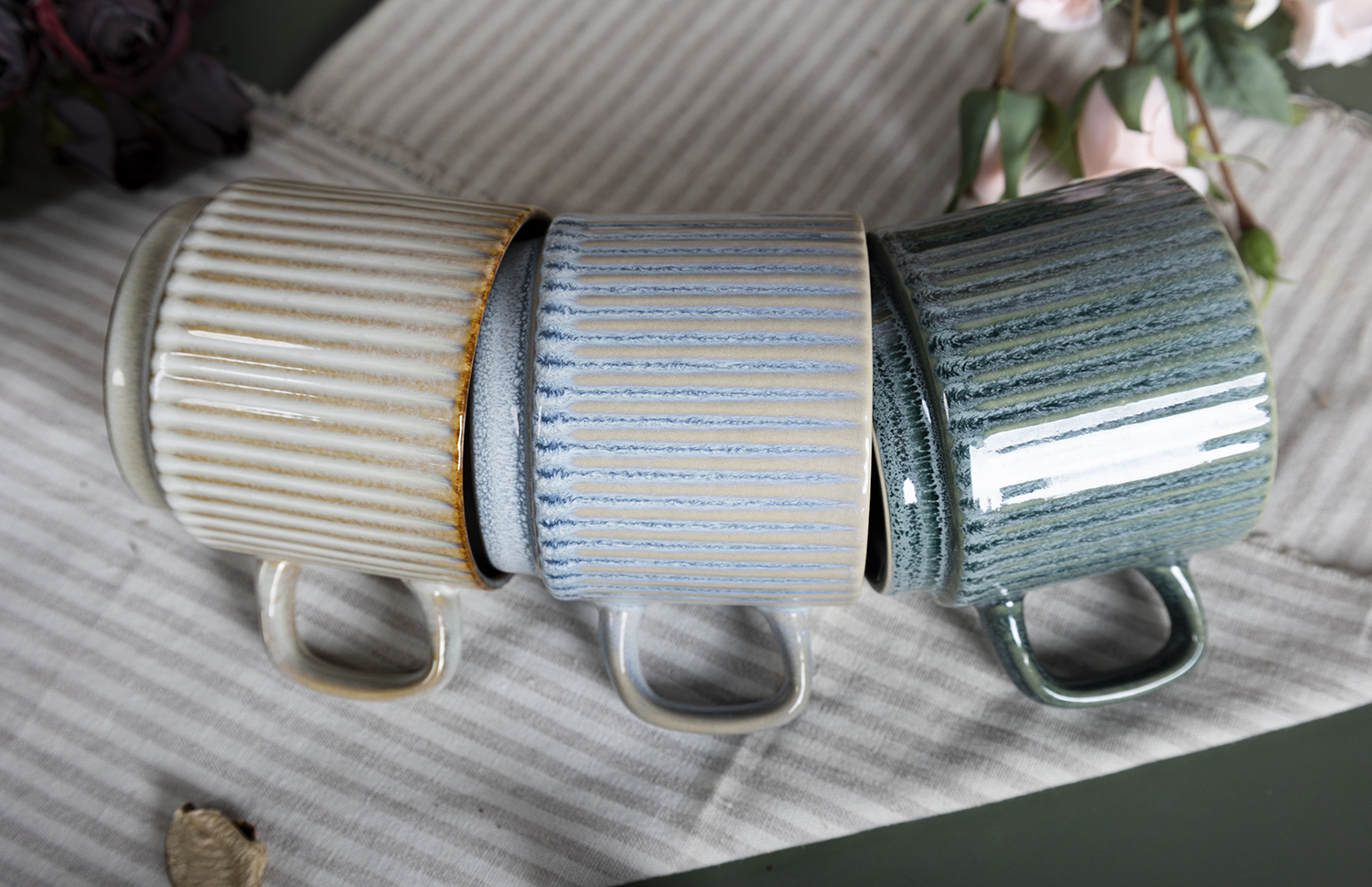 CHANGSHA HAPPY GO  Vintage Matte Embossed Striped Stoneware Mug and Tea Cup Set with Minimalist Design  |happygodinnerware.com