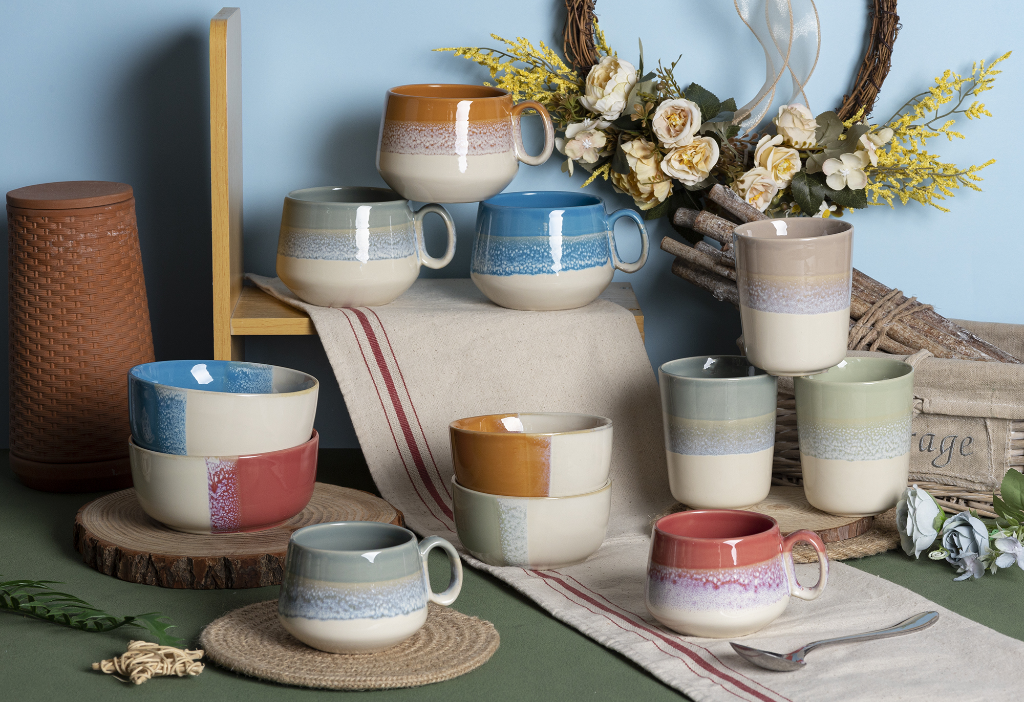 CHANGSHA HAPPY GO  Triple-Color Block Reactive Glaze Stoneware Dinner Set with Unique Layered Design |Dopamine Series Ceramics  |happygodinnerware.com