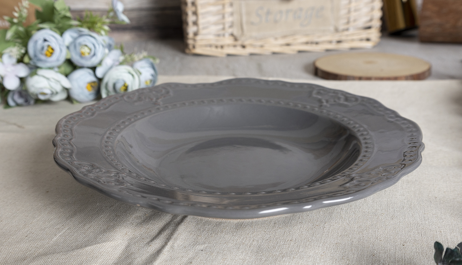 CHANGSHA HAPPY GO Vintage Embossed Stoneware Dinnerware Set with French Baroque Relief Design and Elegant Neutral Glazes  |happygodinnerware.com