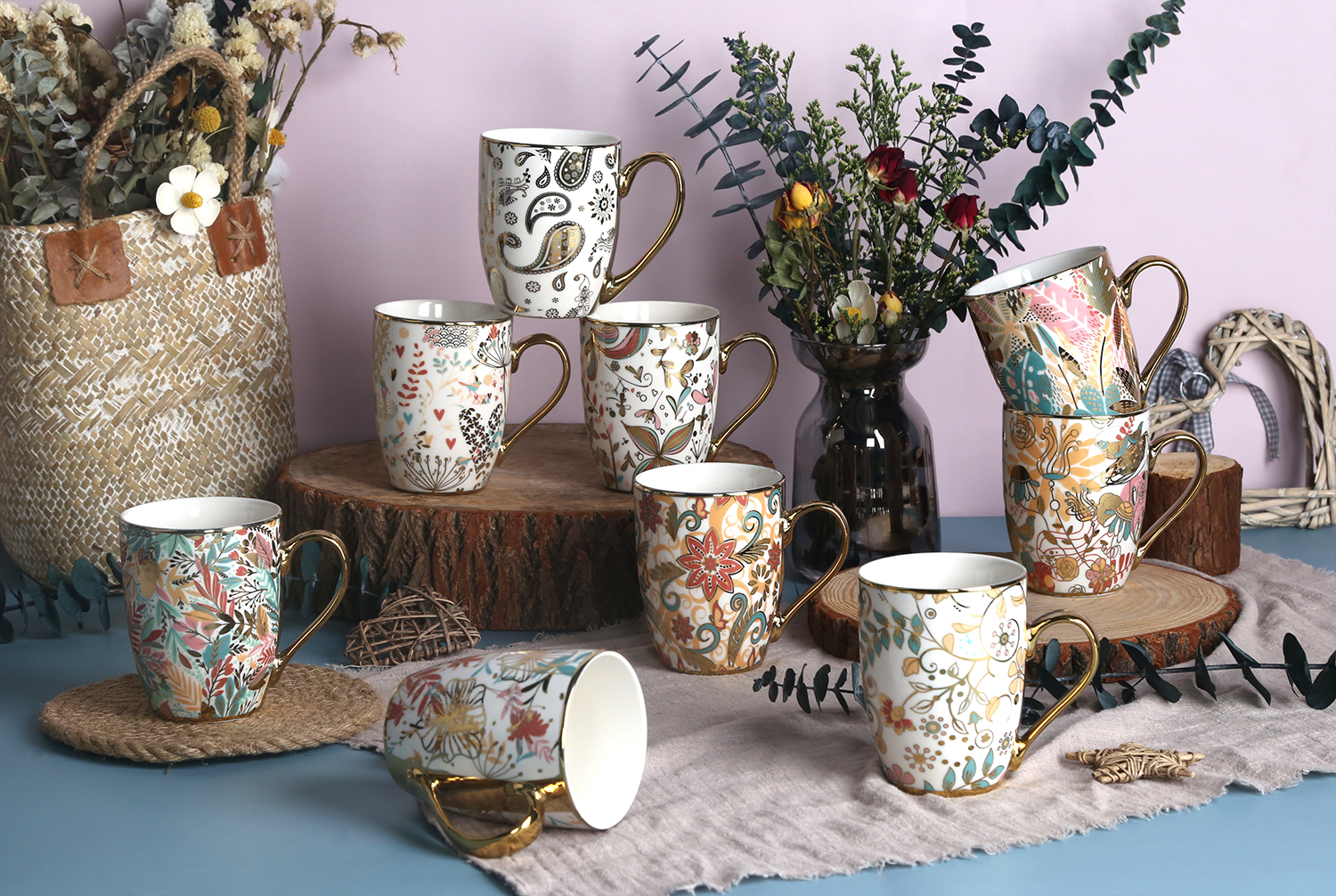 CHANGSHA HAPPY GO Gilded Mosaic Bone China Mug Collection | Gold-Trimmed Luxury |Dopamine Series Ceramics|happygodinnerware.com