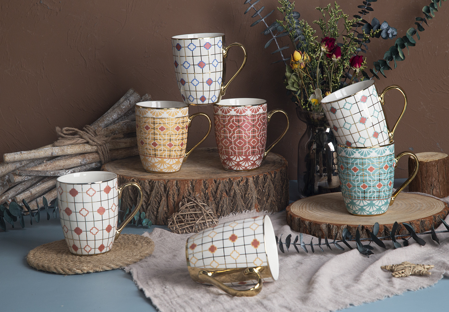 CHANGSHA HAPPY GO Gilded Mosaic Bone China Mug Collection | Gold-Trimmed Luxury |Dopamine Series Ceramics|happygodinnerware.com