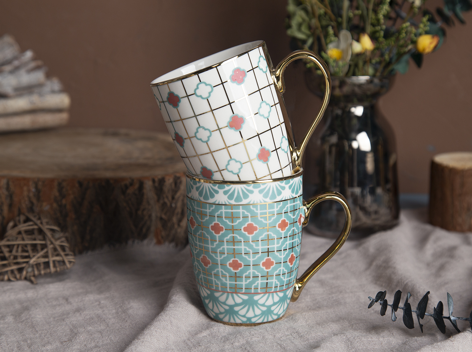 CHANGSHA HAPPY GO Gilded Mosaic Bone China Mug Collection | Gold-Trimmed Luxury |Dopamine Series Ceramics|happygodinnerware.com