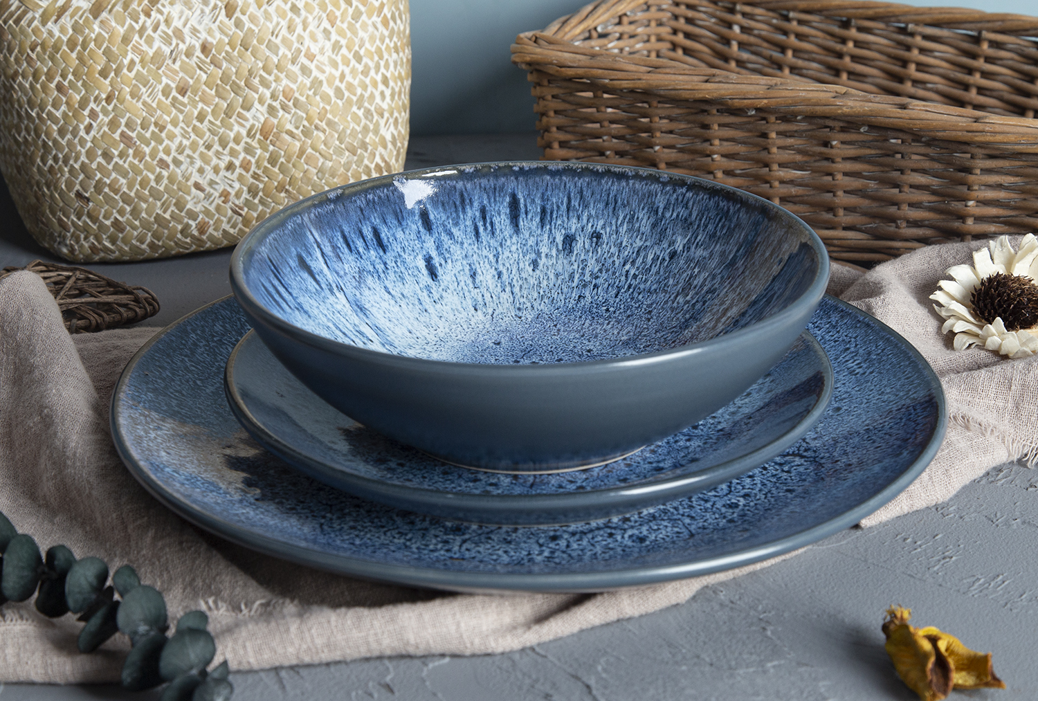 CHANGSHA HAPPY GO Indigo Ocean Reactive Glaze Stoneware Trio | Glossy Blue Speckle Finish | happygoceramics.com