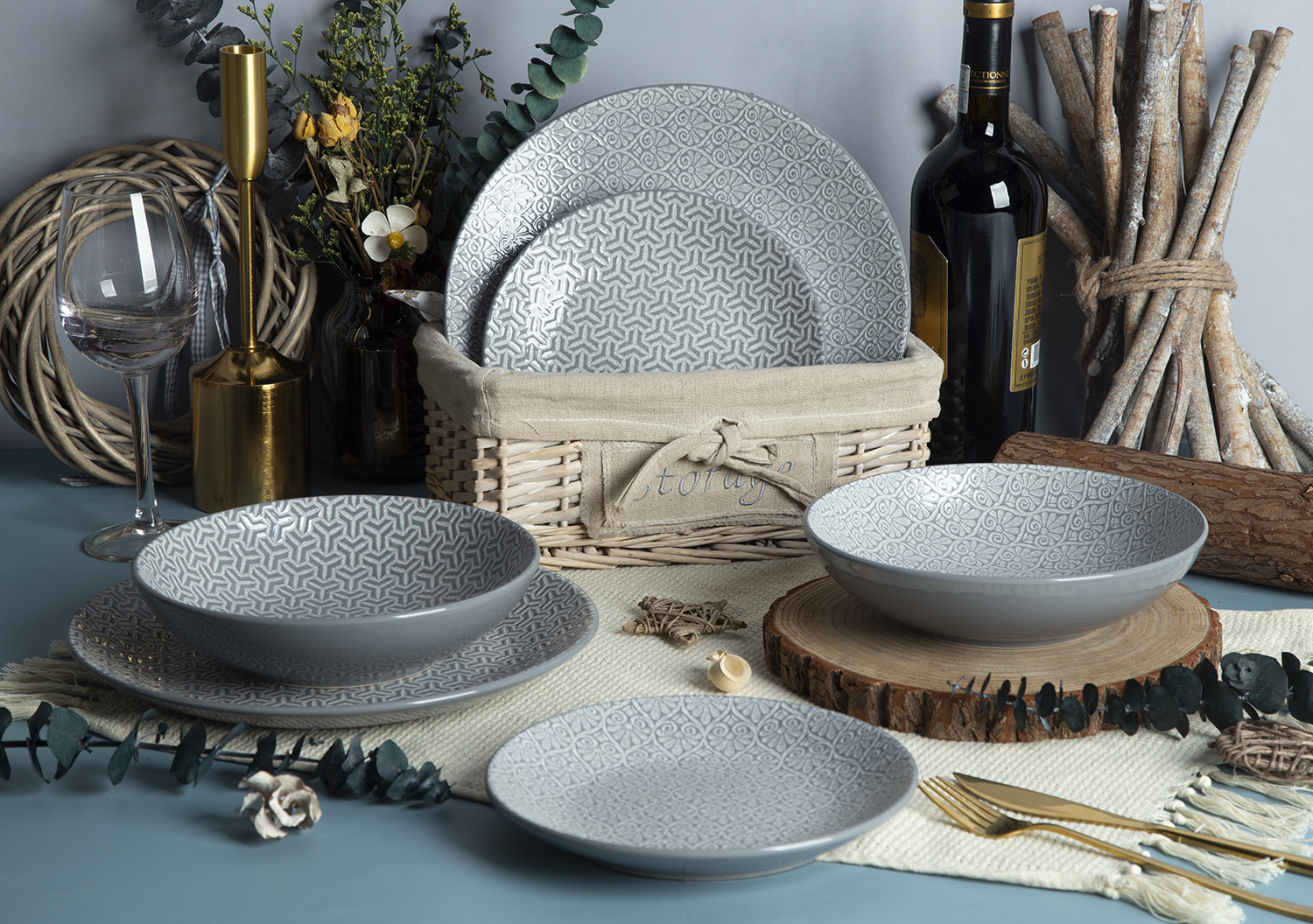 CHANGSHA HAPPY GO Moroccan Mosaic Embossed Reactive Glaze Stoneware Set | Matte Grey Finish | happygoceramics.com
