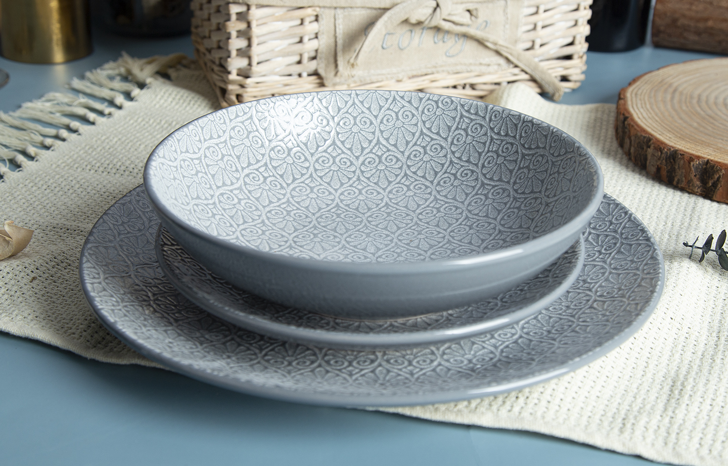 CHANGSHA HAPPY GO Moroccan Mosaic Embossed Reactive Glaze Stoneware Set | Matte Grey Finish | happygoceramics.com