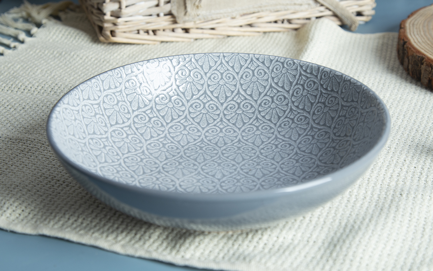 CHANGSHA HAPPY GO Moroccan Mosaic Embossed Reactive Glaze Stoneware Set | Matte Grey Finish | happygoceramics.com