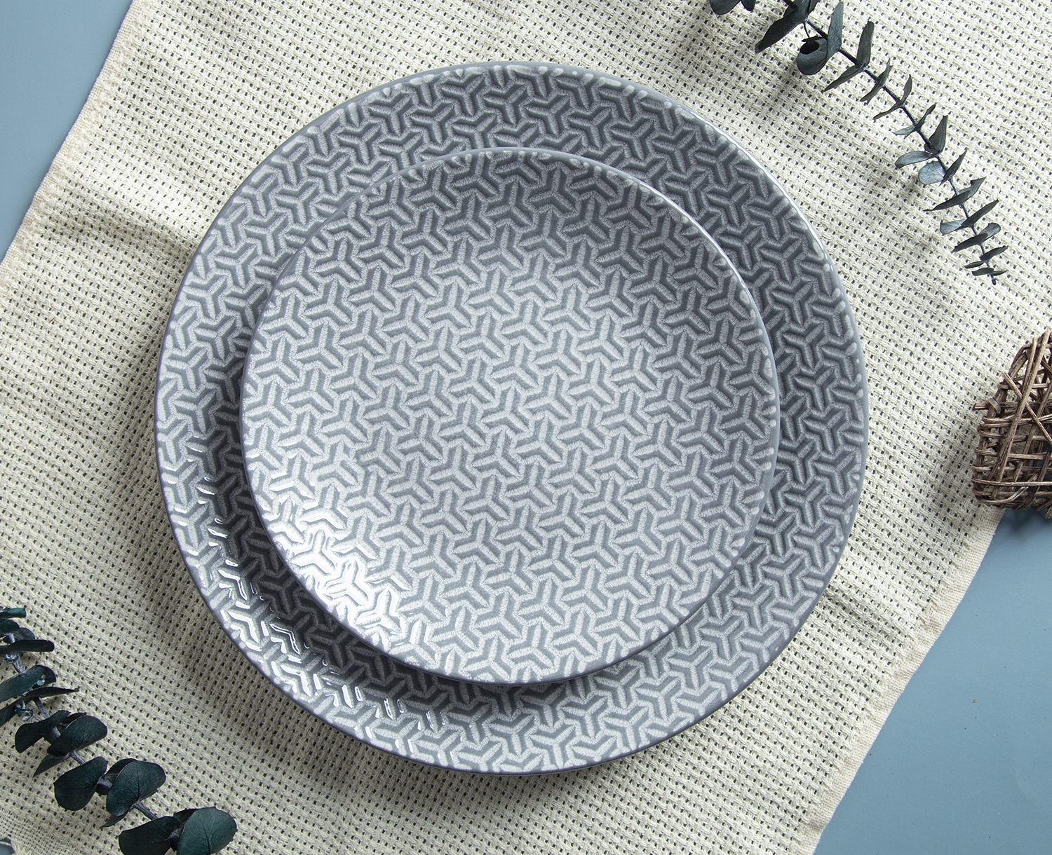 CHANGSHA HAPPY GO Moroccan Mosaic Embossed Reactive Glaze Stoneware Set | Matte Grey Finish | happygoceramics.com
