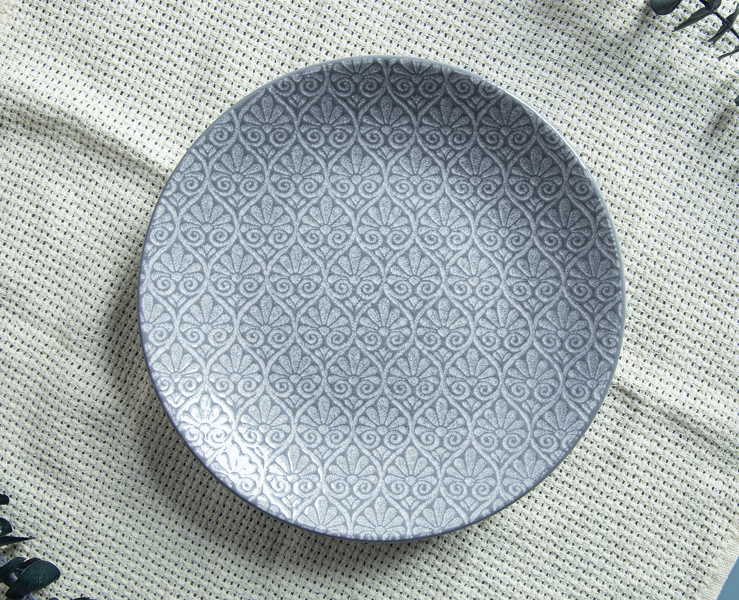 CHANGSHA HAPPY GO Moroccan Mosaic Embossed Reactive Glaze Stoneware Set | Matte Grey Finish | happygoceramics.com
