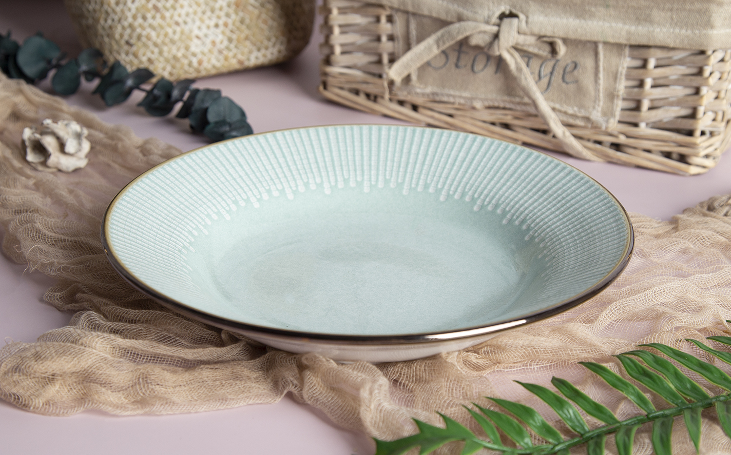 CHANGSHA HAPPY GO Mint Horizon Embossed-Relief Reactive-Glaze Stoneware Bowl | Subtle Green Matte Finish |Dopamine Series Ceramics|happygodinnerware.com