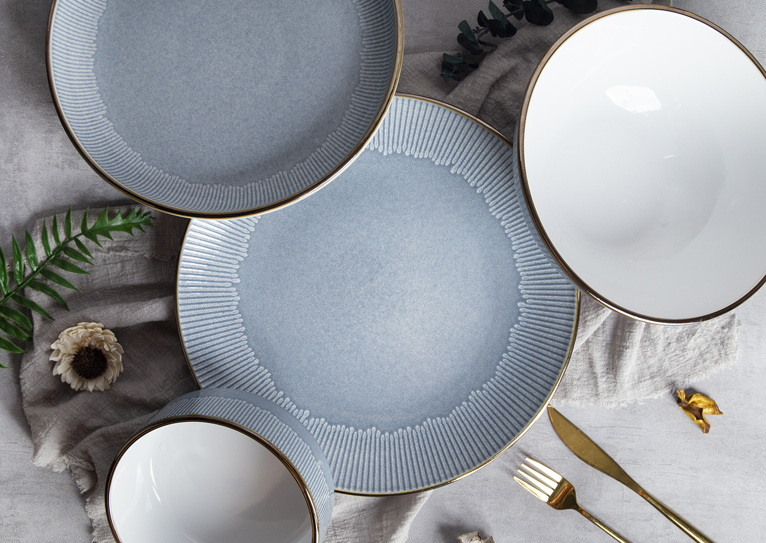 CHANGSHA HAPPY GO Misty Stria Radiant Embossed Reactive-Glaze Stoneware Set | Cloud Gray & Ivory Accents | happygoceramics.com
