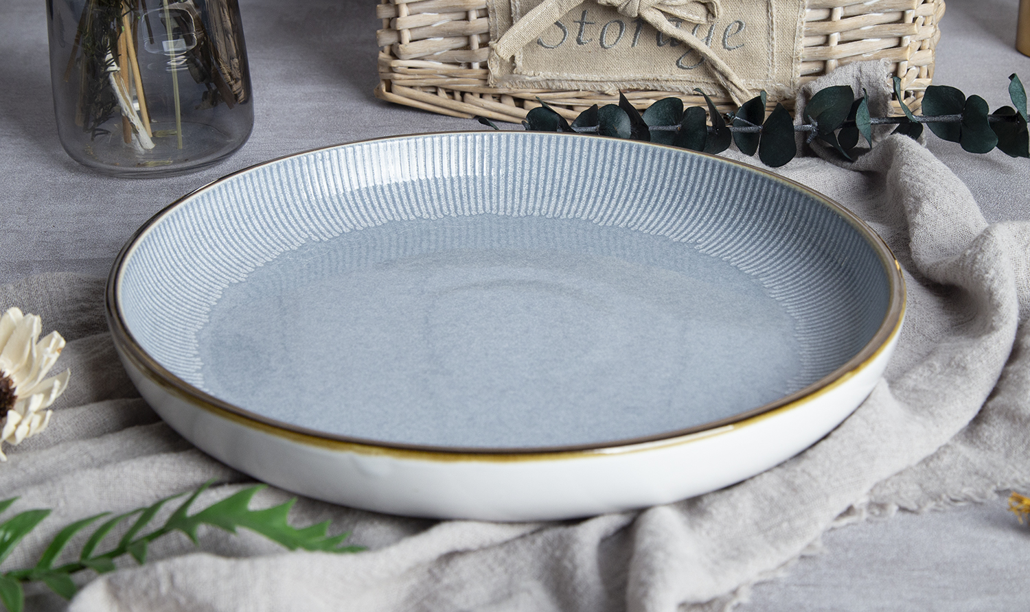 CHANGSHA HAPPY GO Misty Stria Radiant Embossed Reactive-Glaze Stoneware Set | Cloud Gray & Ivory Accents | happygoceramics.com