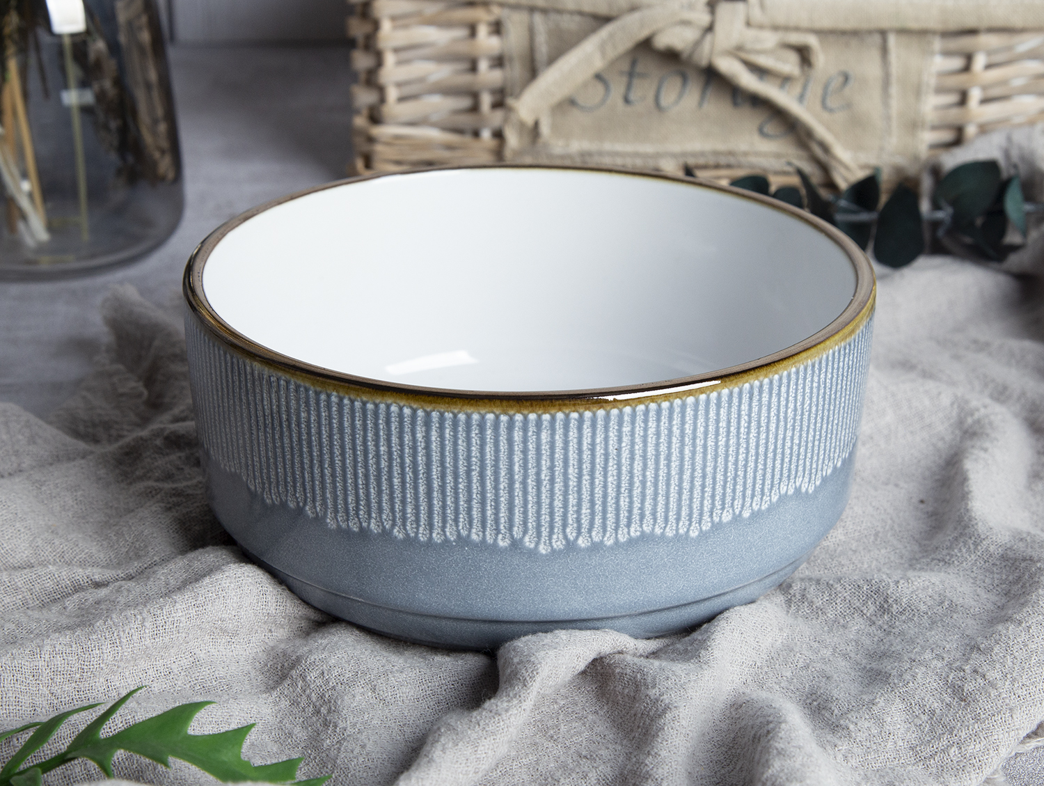 CHANGSHA HAPPY GO Misty Stria Radiant Embossed Reactive-Glaze Stoneware Set | Cloud Gray & Ivory Accents | happygoceramics.com