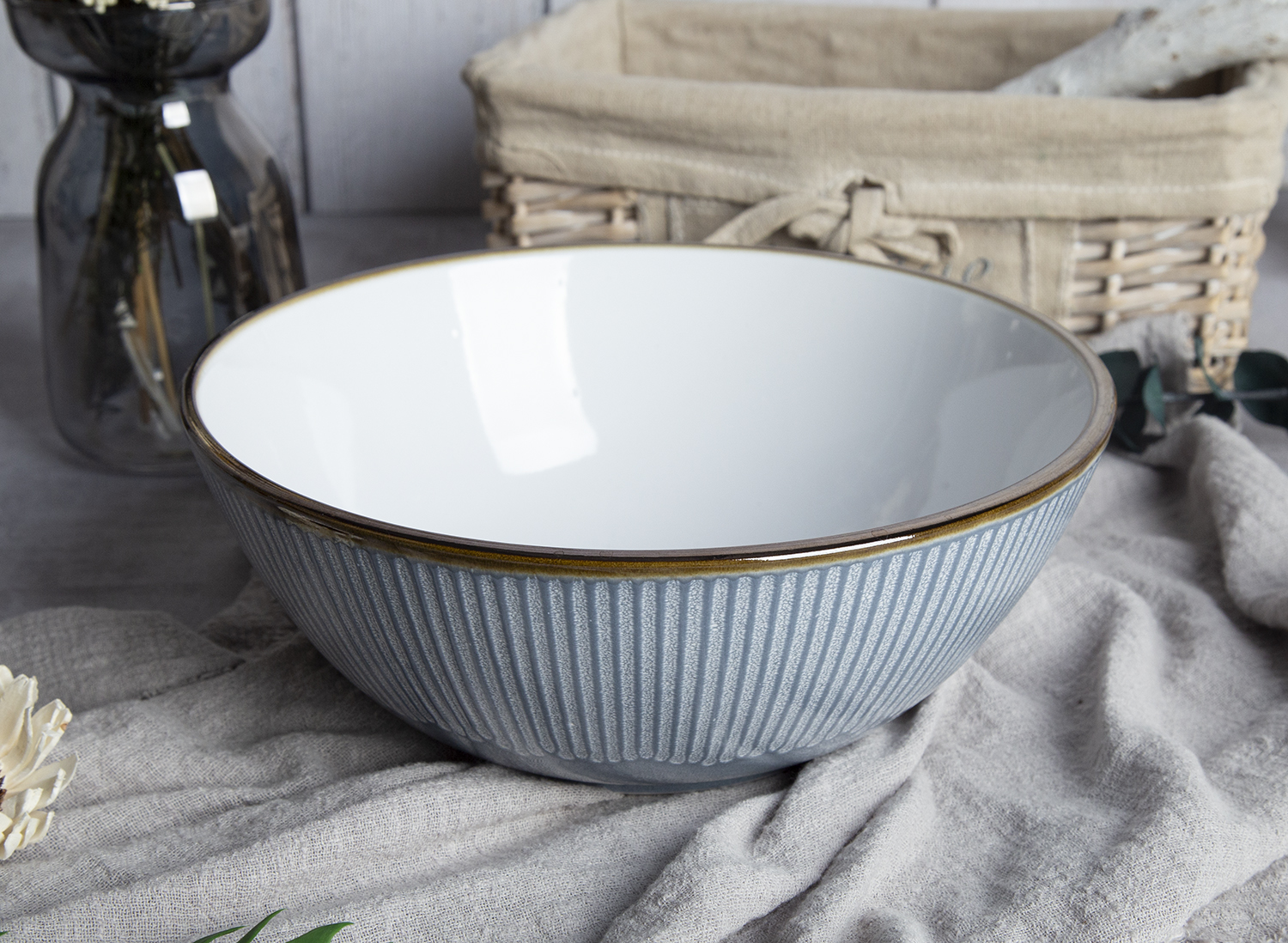 CHANGSHA HAPPY GO Misty Stria Radiant Embossed Reactive-Glaze Stoneware Set | Cloud Gray & Ivory Accents | happygoceramics.com