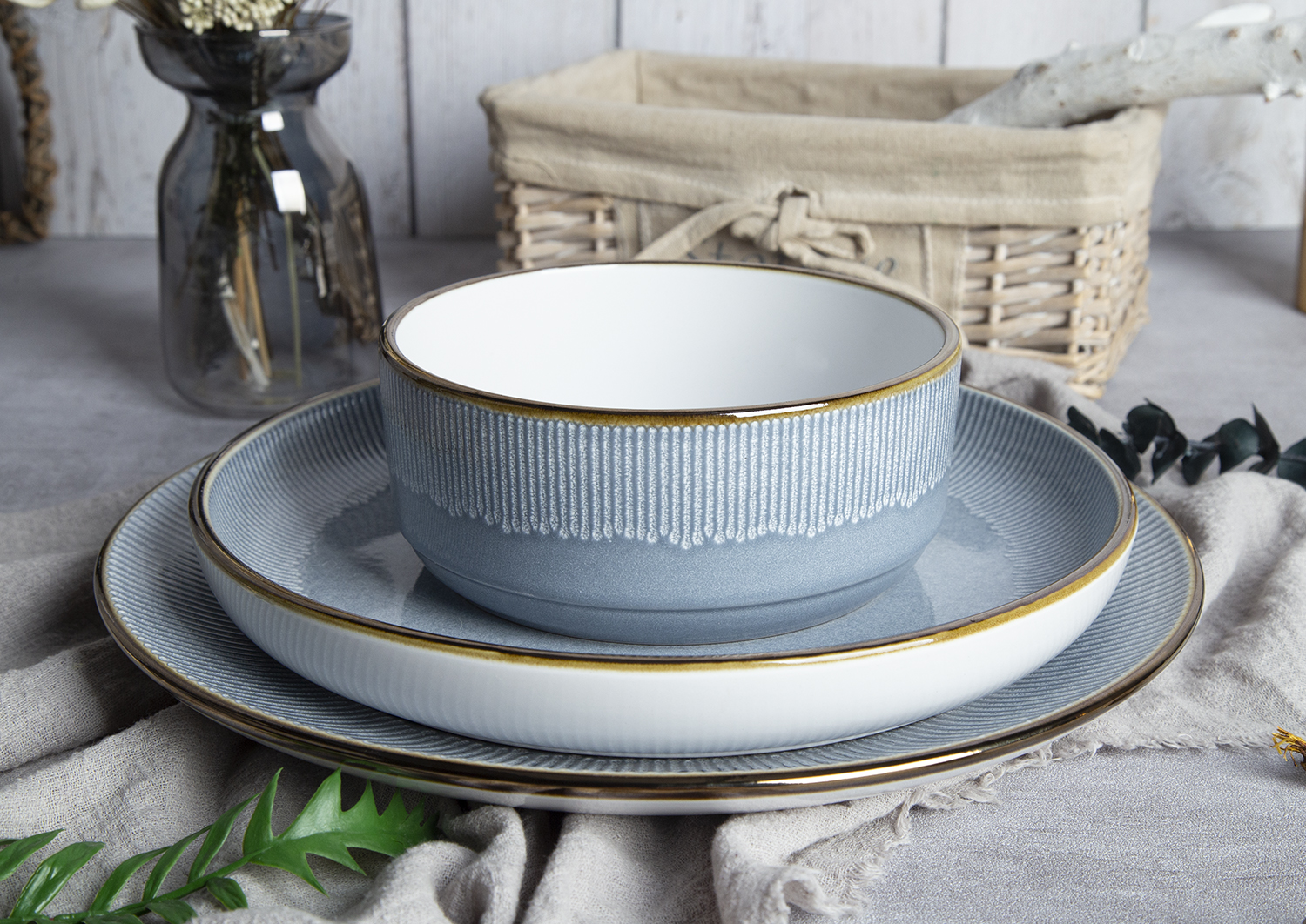 CHANGSHA HAPPY GO Misty Stria Radiant Embossed Reactive-Glaze Stoneware Set | Cloud Gray & Ivory Accents | happygoceramics.com