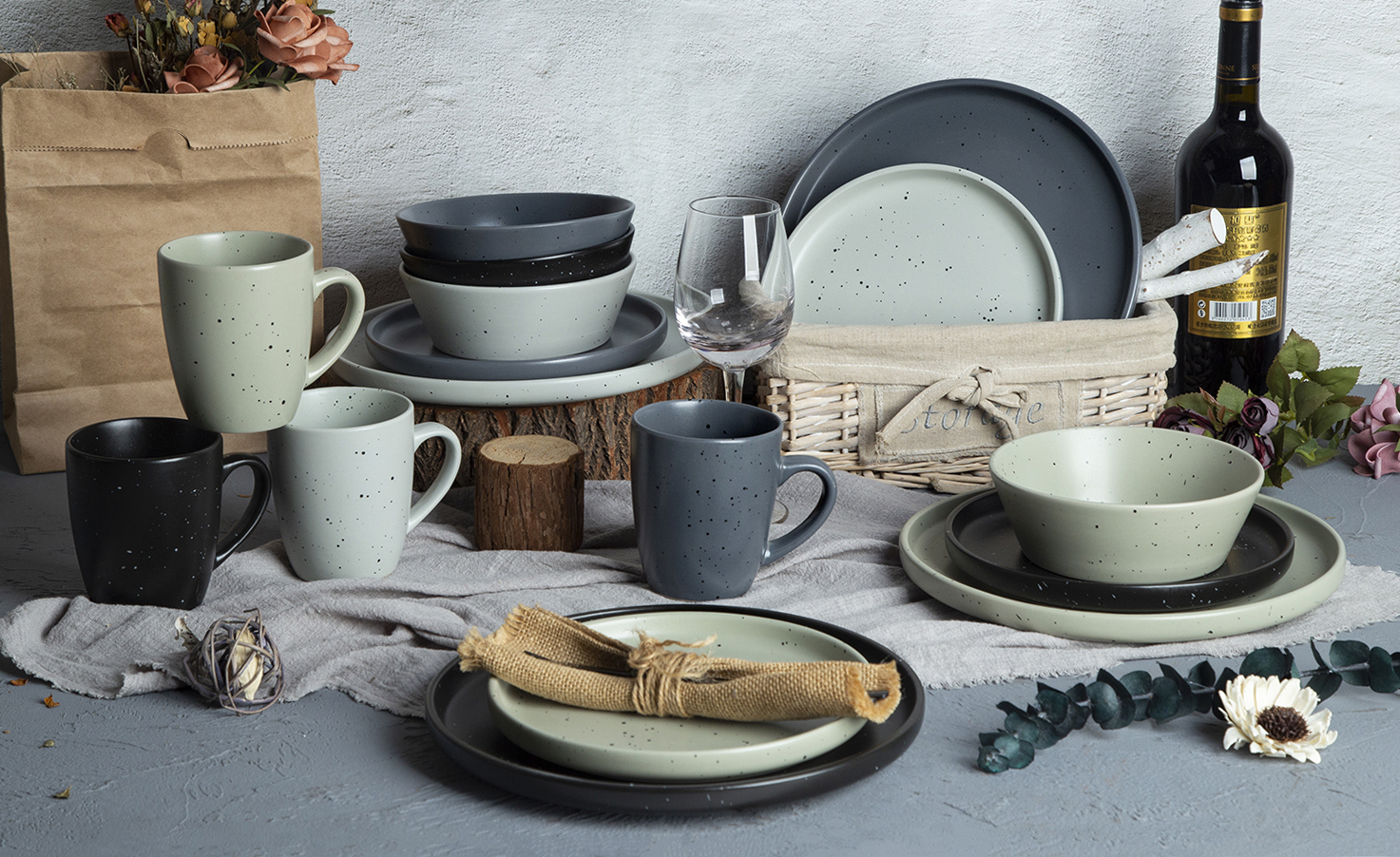 CHANGSHA HAPPY GO Speckle Rhythm Matte Stoneware Collection | Sage, Charcoal & Black