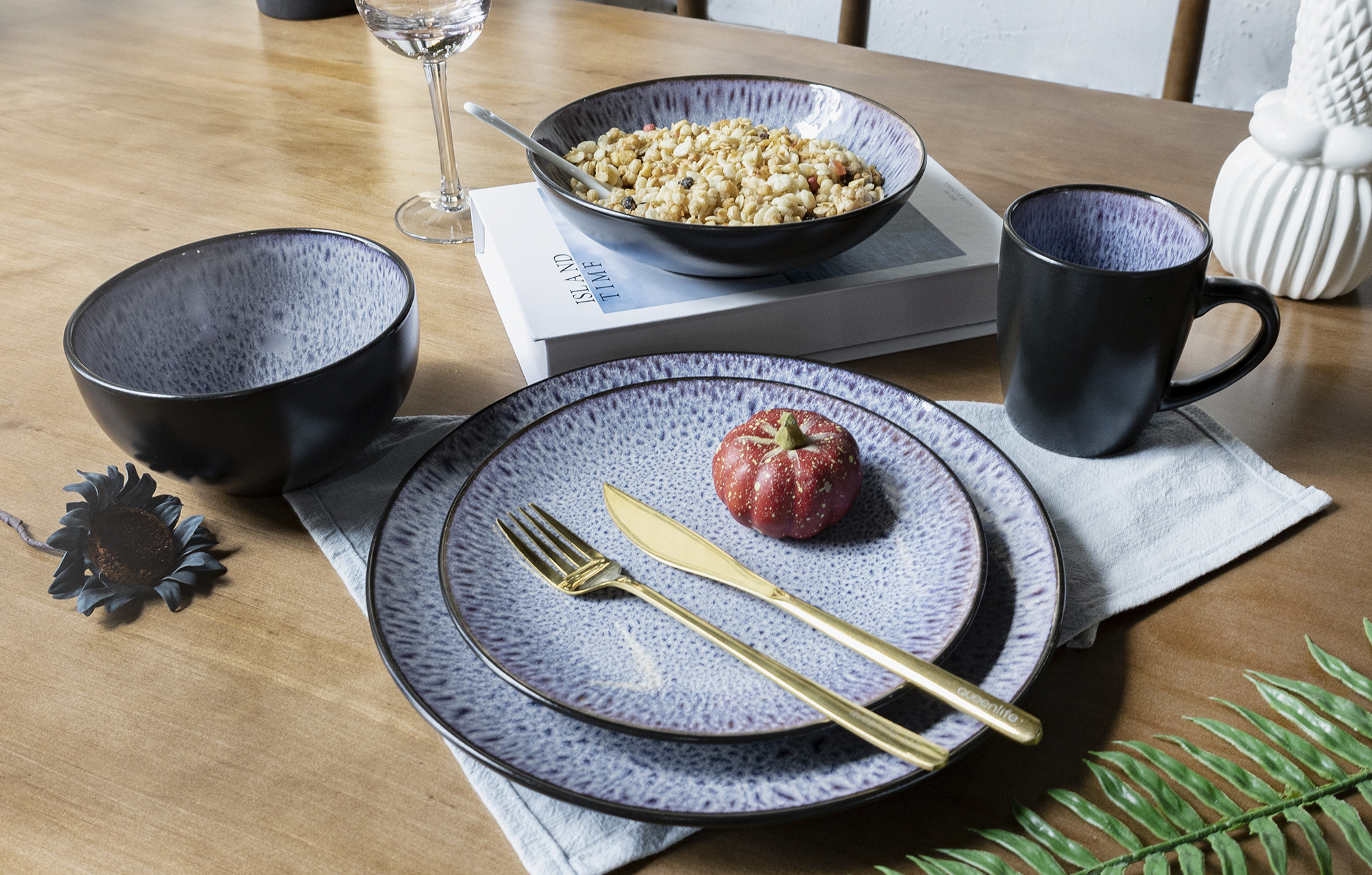 CHANGSHA HAPPY GO  Reactive Glaze Stoneware Dinnerware Set – Handcrafted Speckled Interior with Matte Black Exterior Finish |happygodinnerware.com