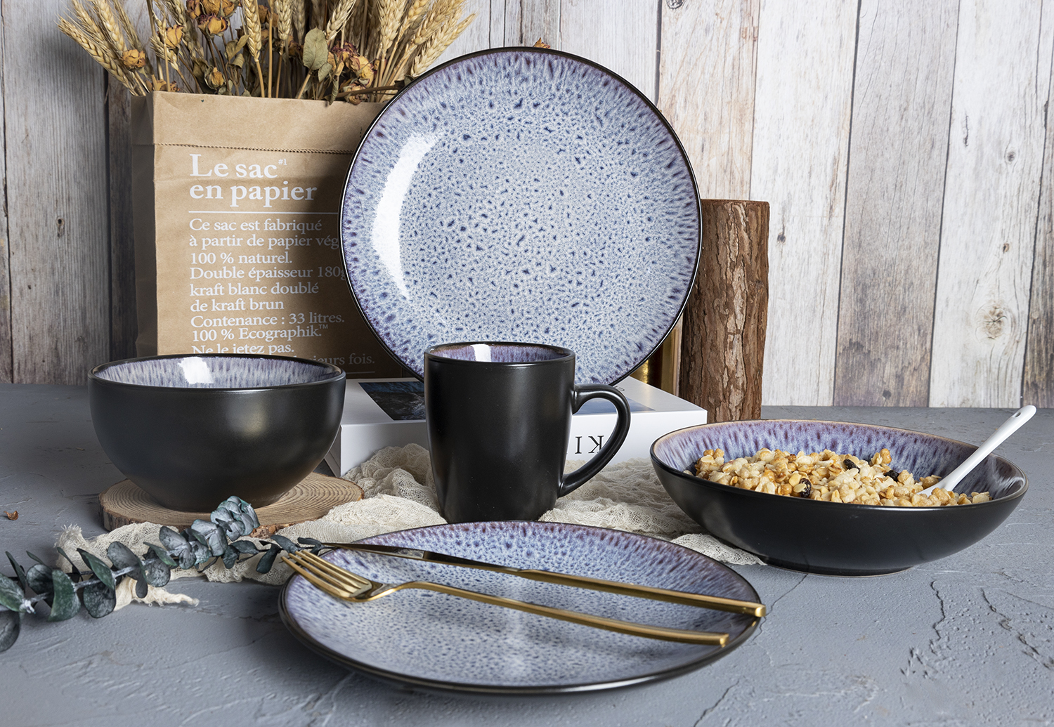 CHANGSHA HAPPY GO  Reactive Glaze Stoneware Dinnerware Set – Handcrafted Speckled Interior with Matte Black Exterior Finish |happygodinnerware.com