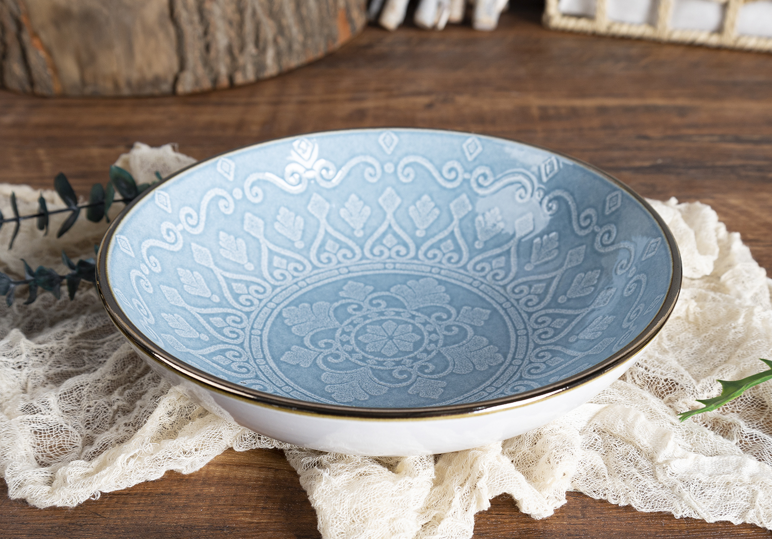 CHANGSHA HAPPY GO  Nordic Vintage Pattern Stoneware Dinnerware Set – Hand-Stamped Embossed Glaze with Elegant Pastel Tones |happygodinnerware.com