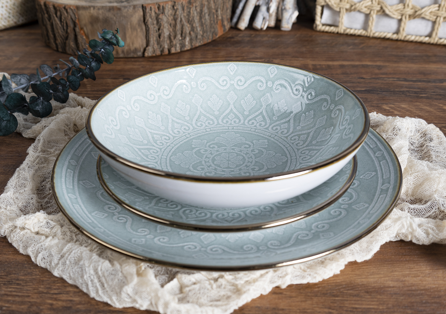 CHANGSHA HAPPY GO  Nordic Vintage Pattern Stoneware Dinnerware Set – Hand-Stamped Embossed Glaze with Elegant Pastel Tones |happygodinnerware.com