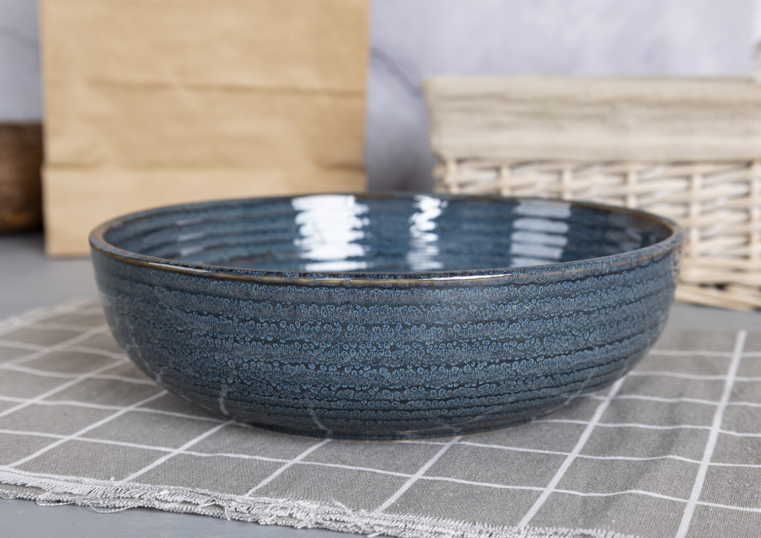 CHANGSHA HAPPY GO  Embossed Blue-Green Reactive Glaze Stoneware Dinnerware Set – Textured Spiral Relief Ceramic Plates, Bowls, and Mug  |happygodinnerware.com
