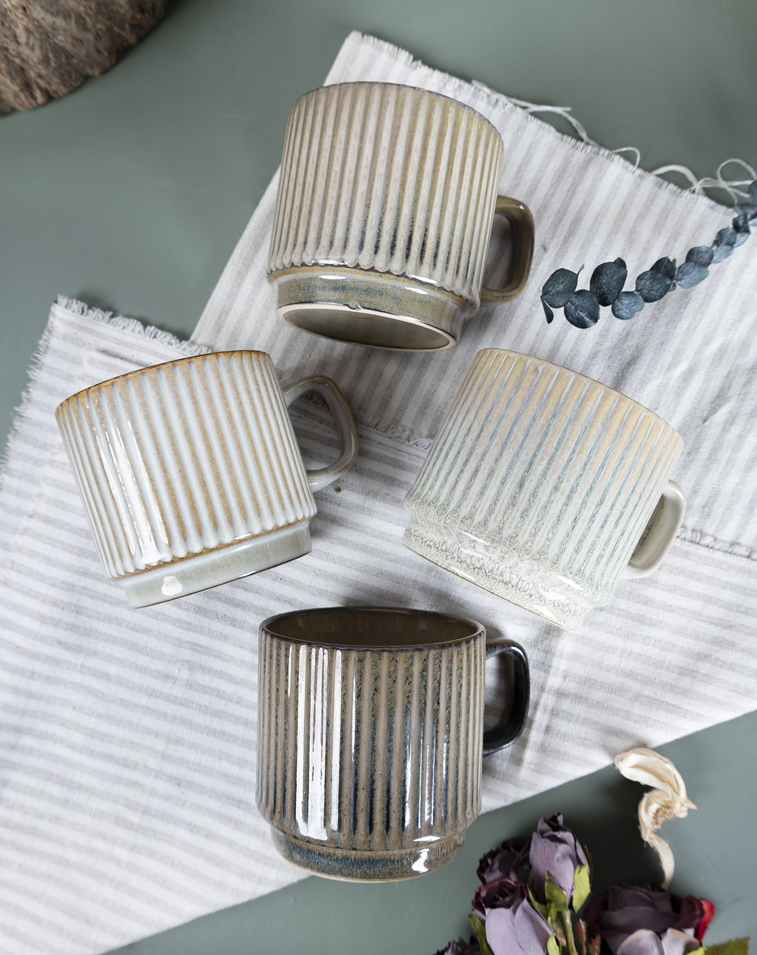 CHANGSHA HAPPY GO Vintage Matte Embossed Striped Stoneware Mug Set with Handcrafted Texture for Coffee and Tea  |happygodinnerware.com