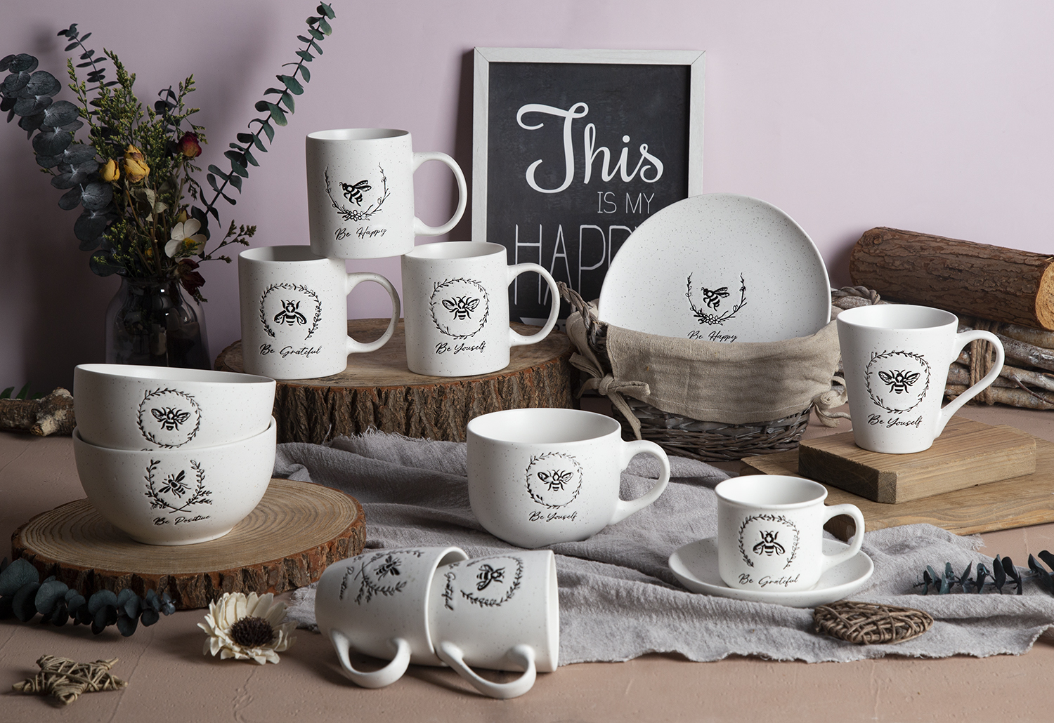 CHANGSHA HAPPY GO Inspirational Quote New Bone China Mugs and Bowls with Under-Glaze Screen Printing and Sesame Dot Technique |happygodinnerware.com
