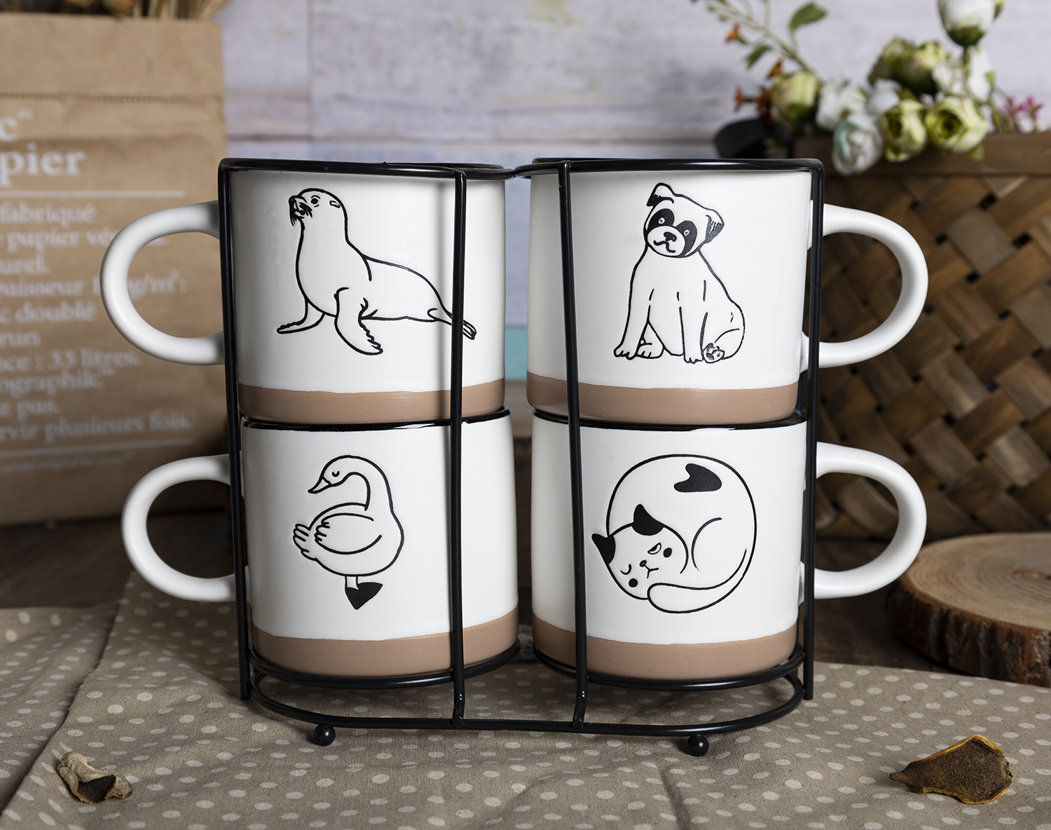 CHANGSHA HAPPY GO  Fine Bone China Mug and Bowl Set – Minimalist Animal Line Art with Matte Clay Accent |happygodinnerware.com