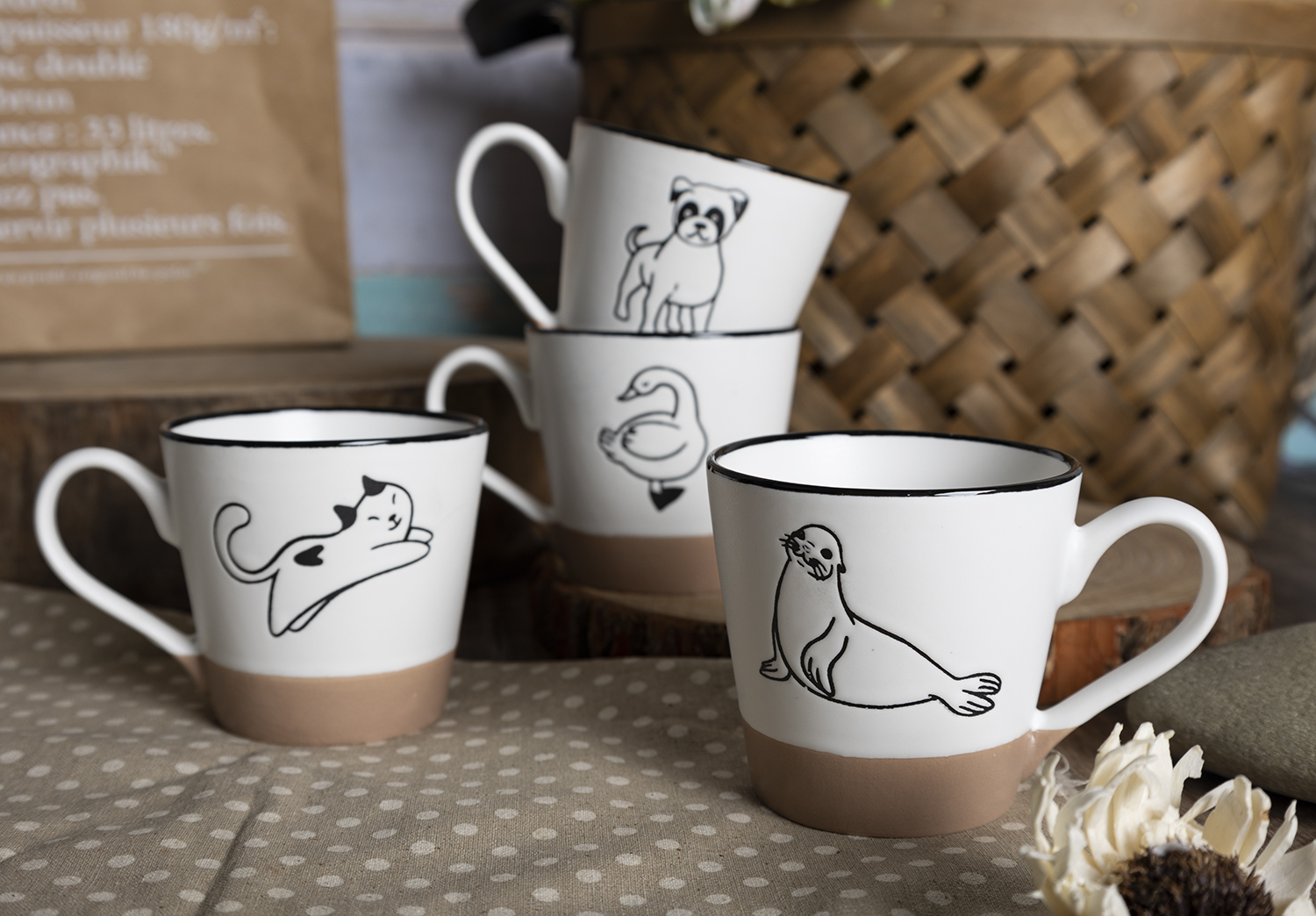 CHANGSHA HAPPY GO  Fine Bone China Mug and Bowl Set – Minimalist Animal Line Art with Matte Clay Accent |happygodinnerware.com