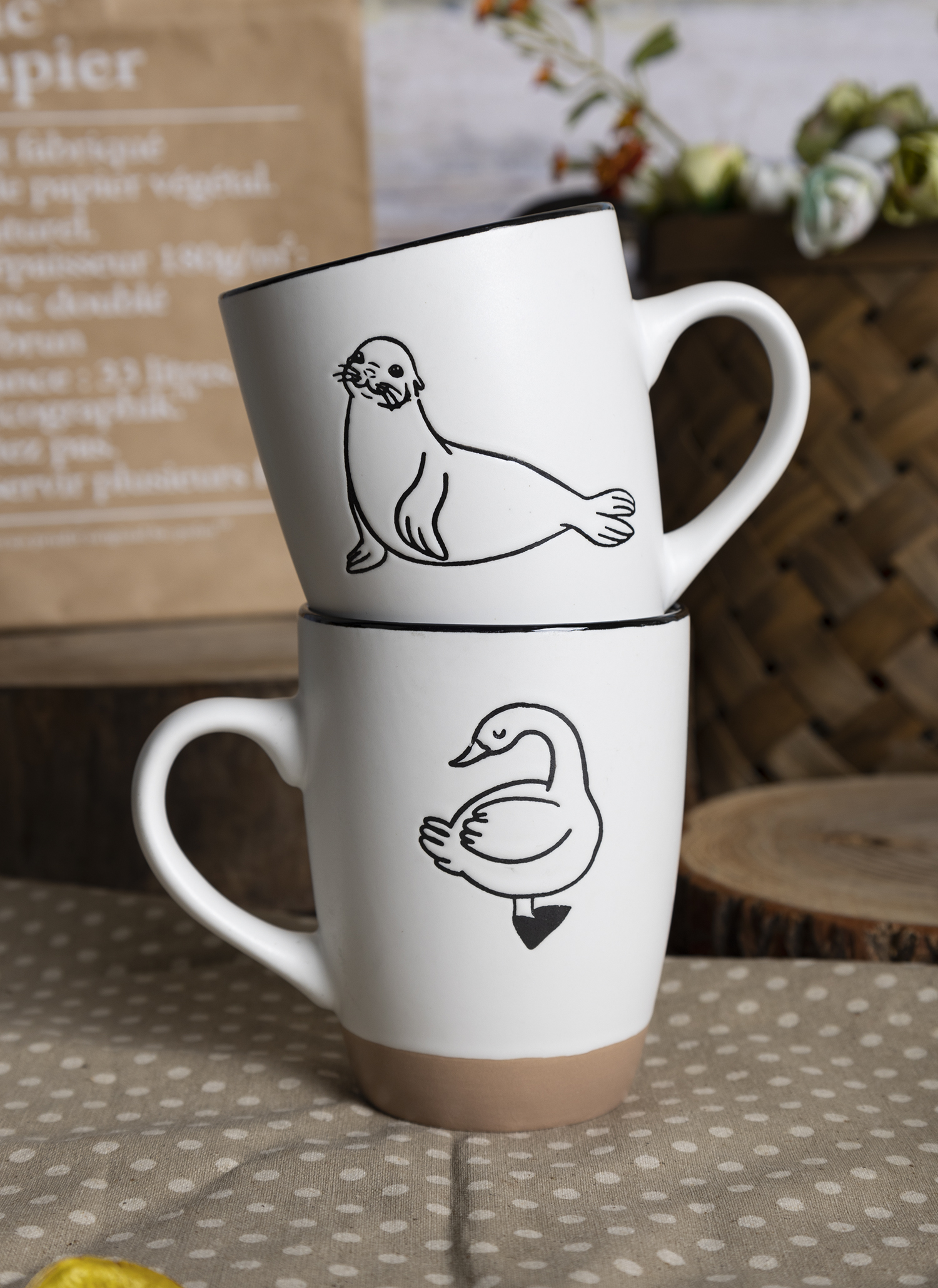 CHANGSHA HAPPY GO  Fine Bone China Mug and Bowl Set – Minimalist Animal Line Art with Matte Clay Accent |happygodinnerware.com