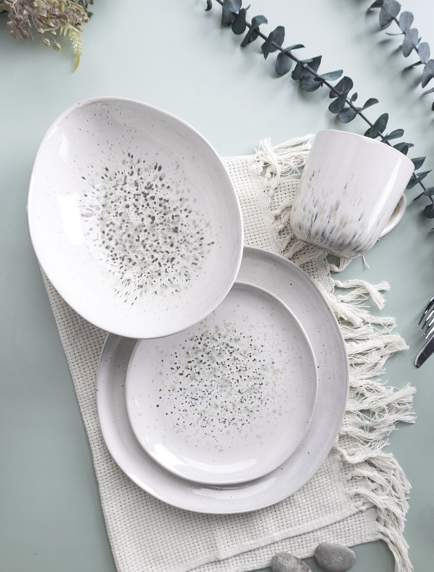 CHANGSHA HAPPY GO  Soft Reactive Glaze Stoneware Table Set in Creamy Ivory with Subtle Forest Tinting and Rustic Refinement |happygodinnerware.com